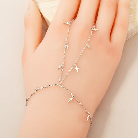 Cross Charms 18K-Gold-Dipped Delicate Brass Hand-Chain Bracelet