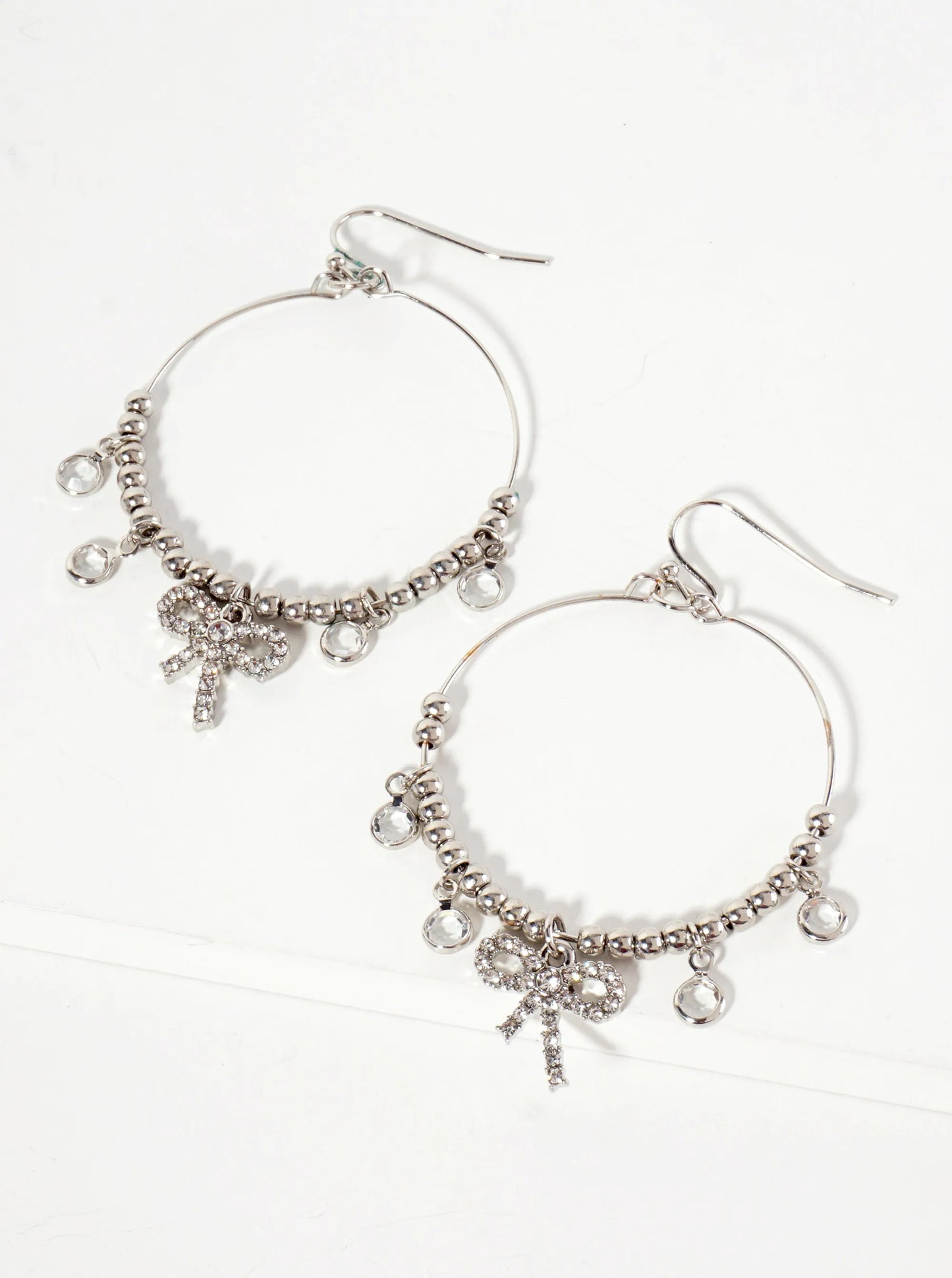 Crystal Bow Drop Metallic-Beaded Wire Circle Dangle Earrings