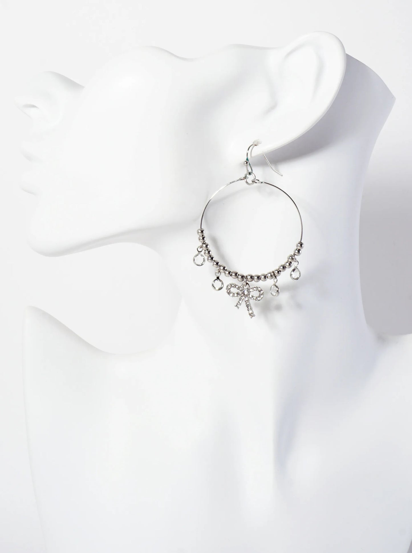 Crystal Bow Drop Metallic-Beaded Wire Circle Dangle Earrings