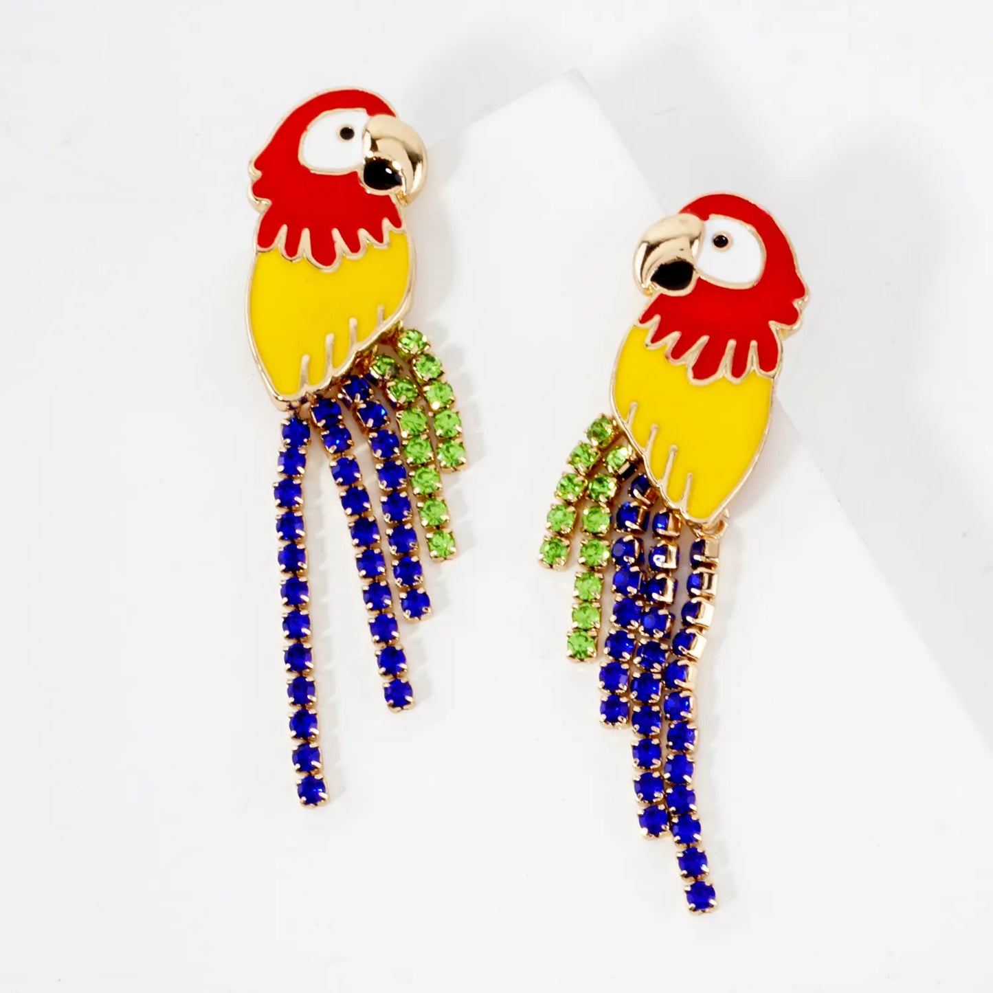 Crystal Chain Drop Enamel Parrot Statement Earrings