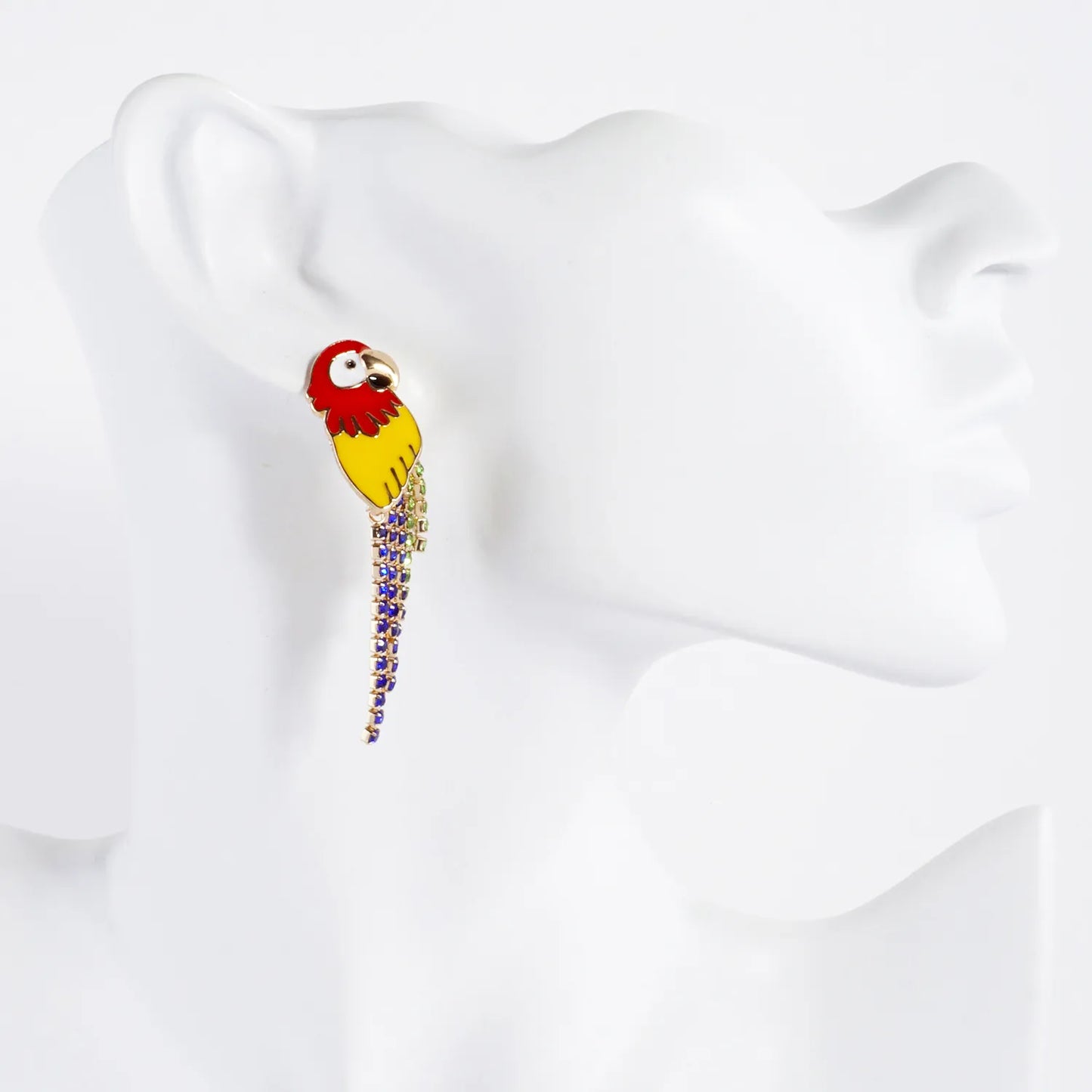 Crystal Chain Drop Enamel Parrot Statement Earrings