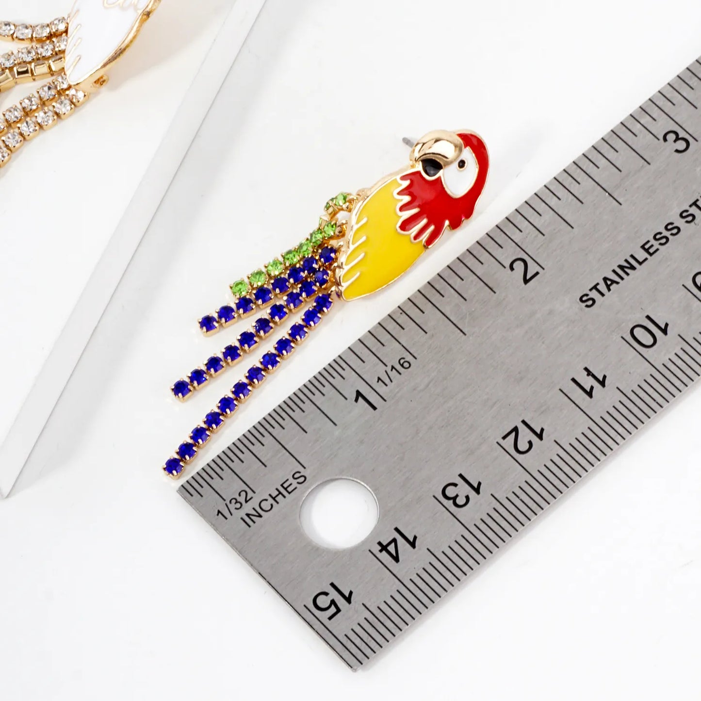 Crystal Chain Drop Enamel Parrot Statement Earrings