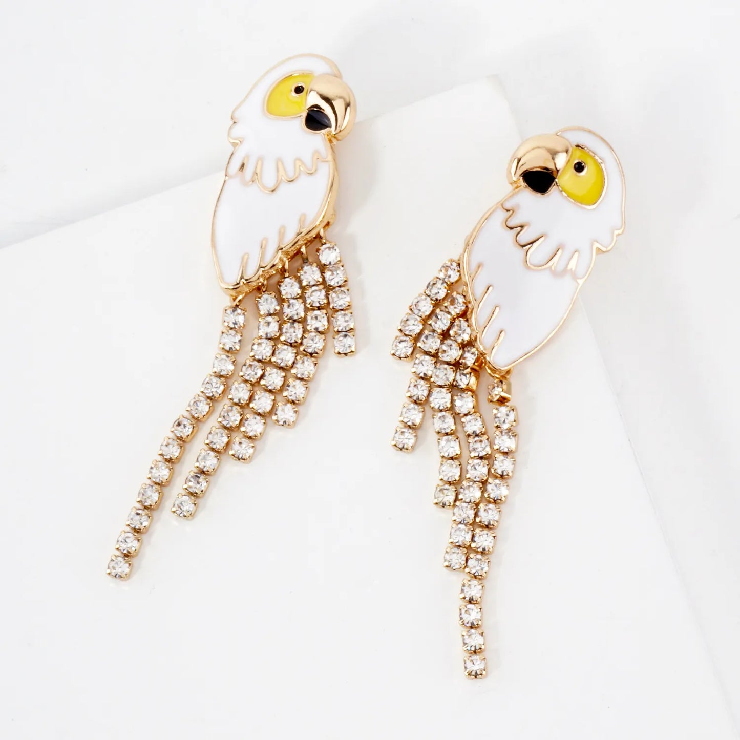 Crystal Chain Drop Enamel Parrot Statement Earrings