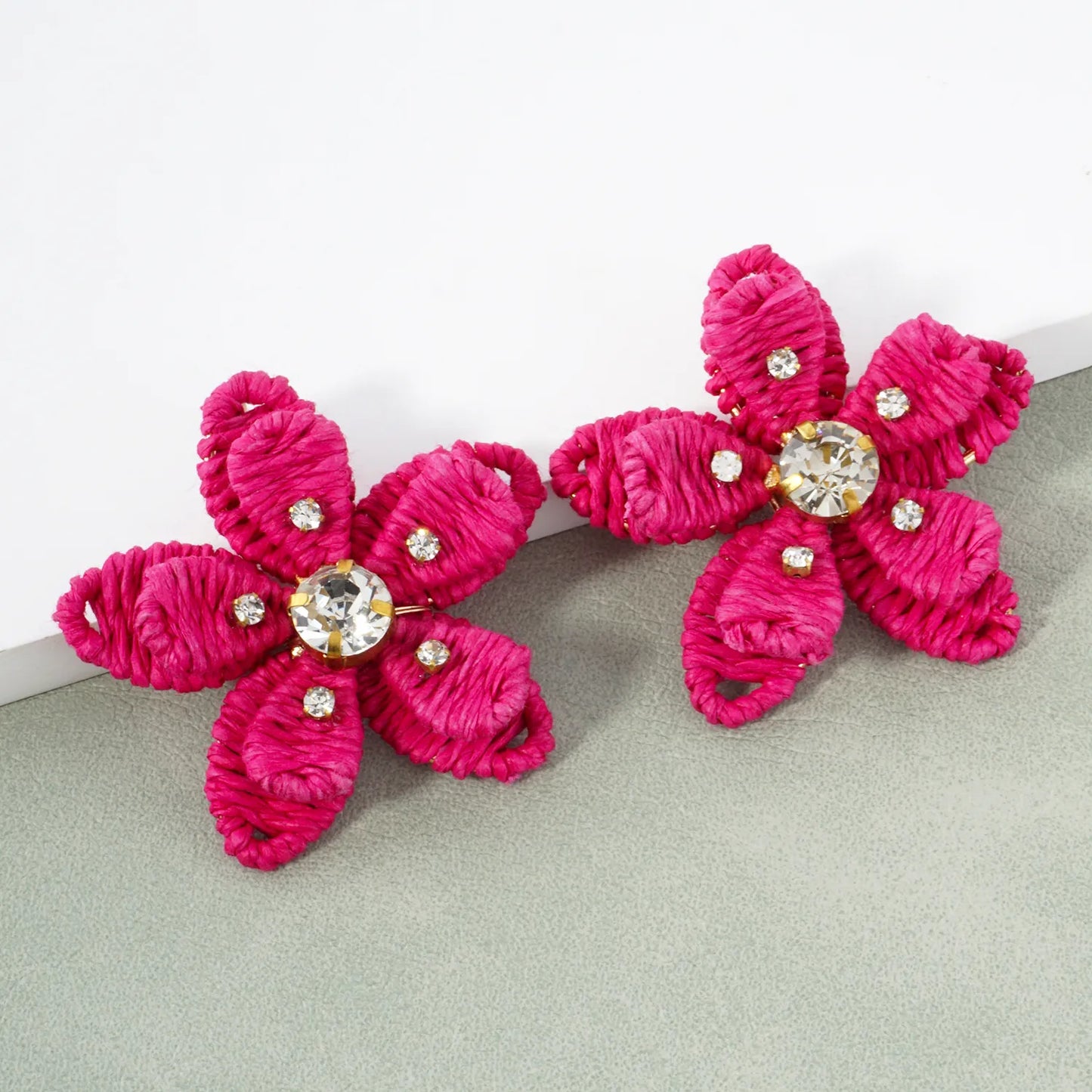 Crystal Embellished Raffia Wrapped Flower Statement Earrings