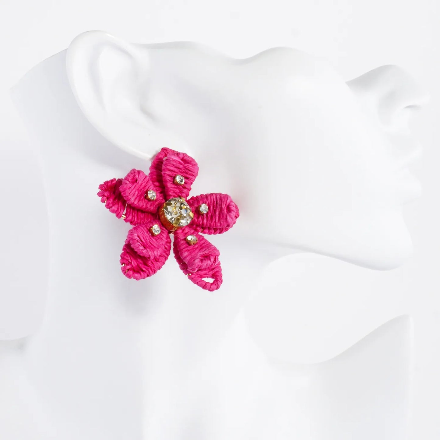 Crystal Embellished Raffia Wrapped Flower Statement Earrings