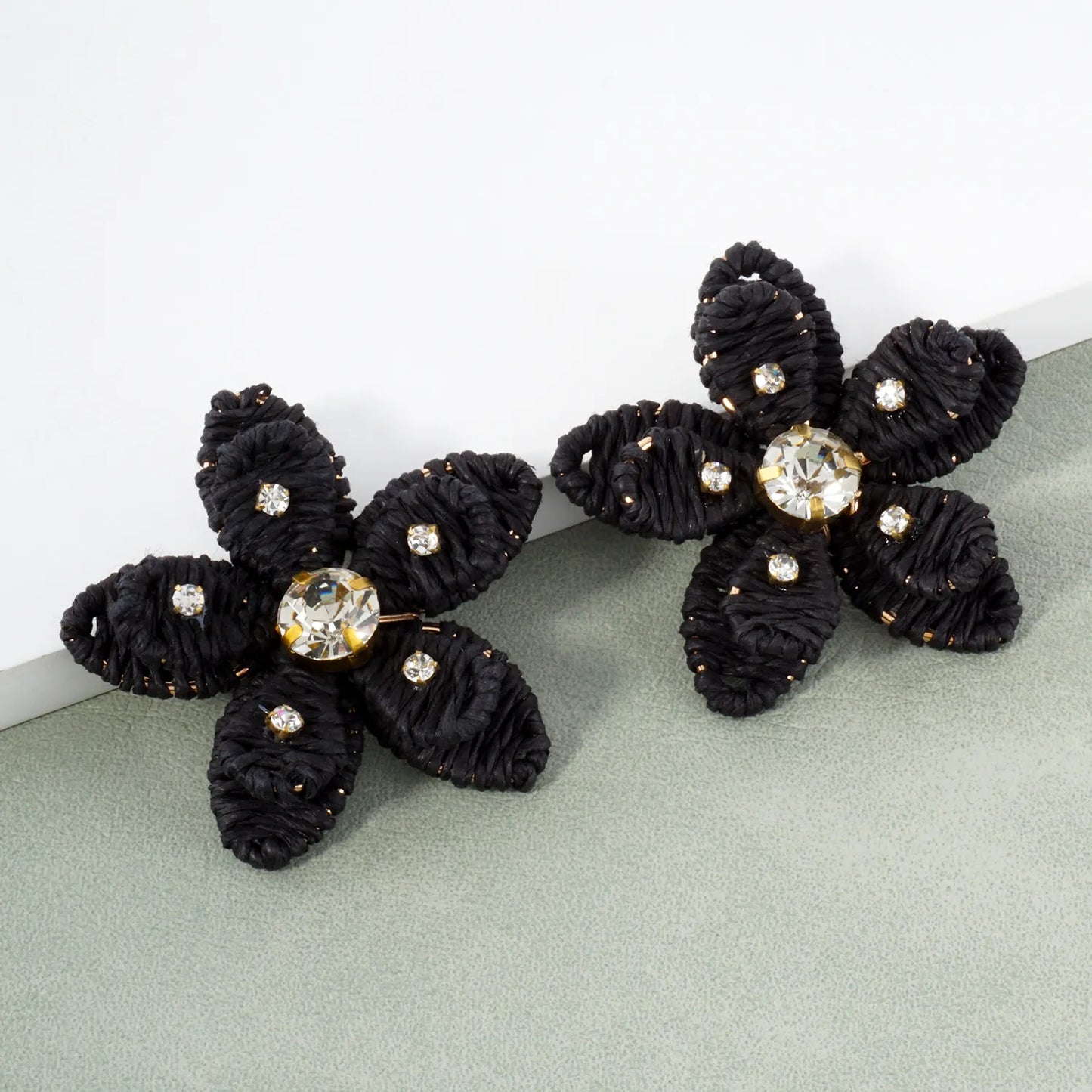 Crystal Embellished Raffia Wrapped Flower Statement Earrings