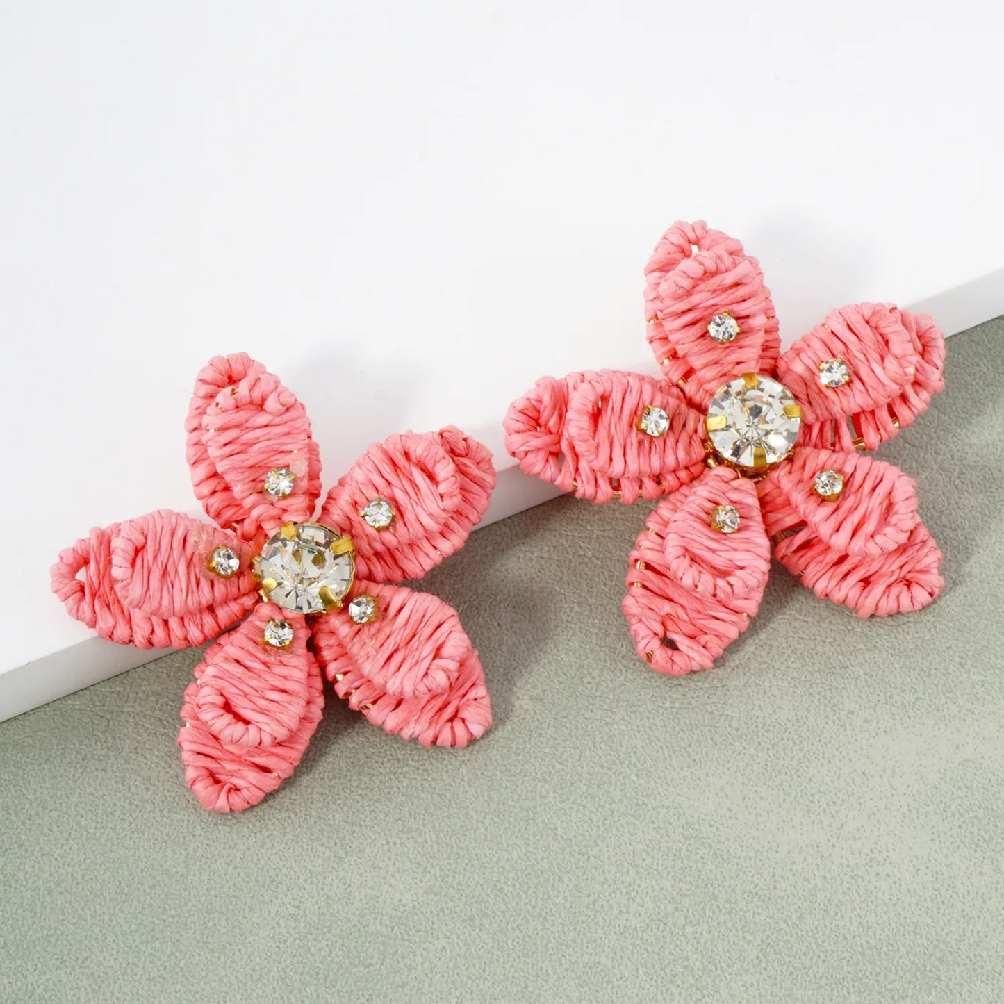 Crystal Embellished Raffia Wrapped Flower Statement Earrings