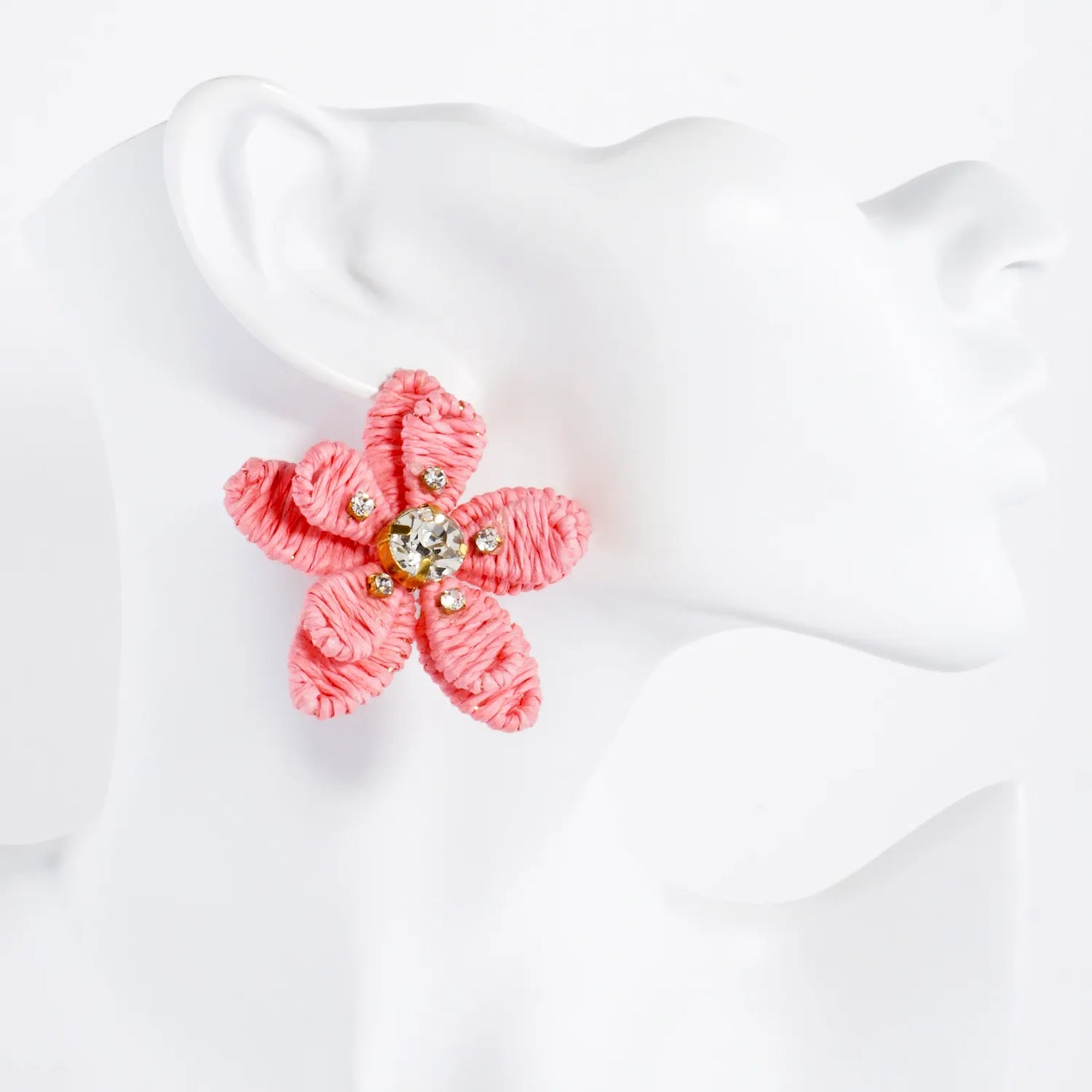 Crystal Embellished Raffia Wrapped Flower Statement Earrings