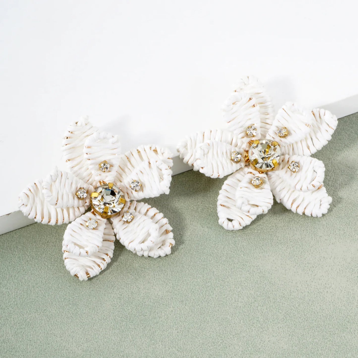Crystal Embellished Raffia Wrapped Flower Statement Earrings