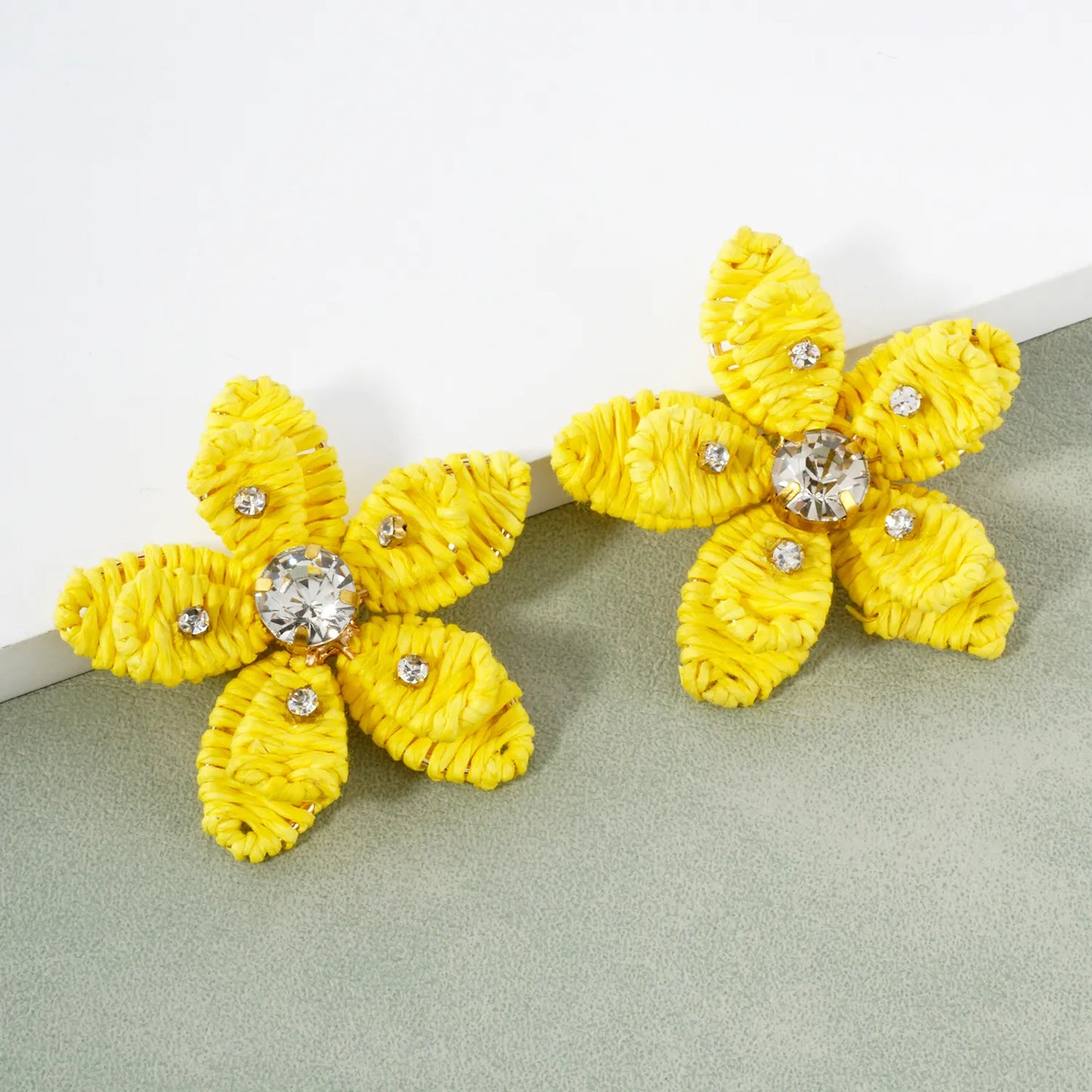 Crystal Embellished Raffia Wrapped Flower Statement Earrings