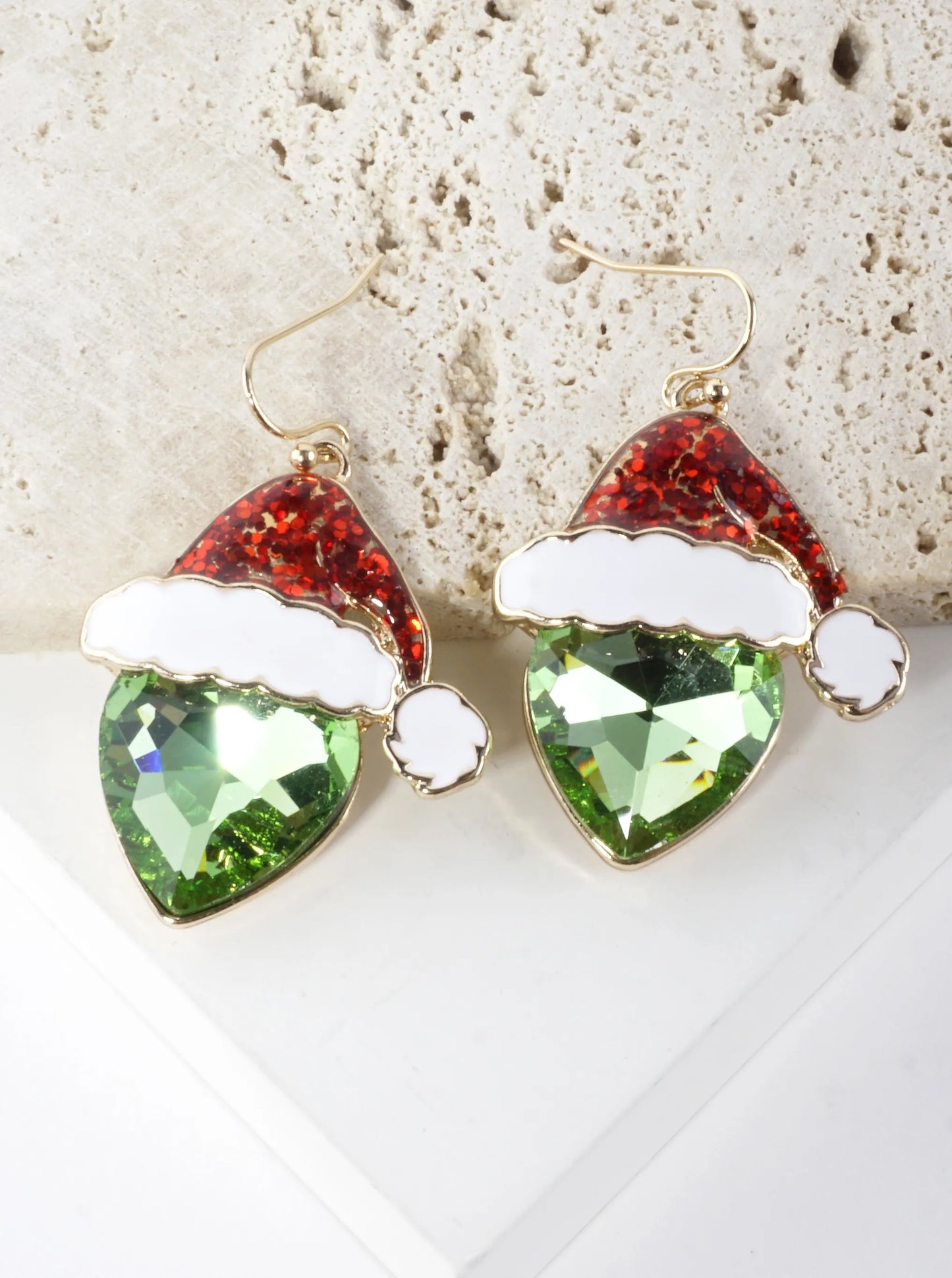 Crystal Grinch With Santa Hat Glass Drop Earrings