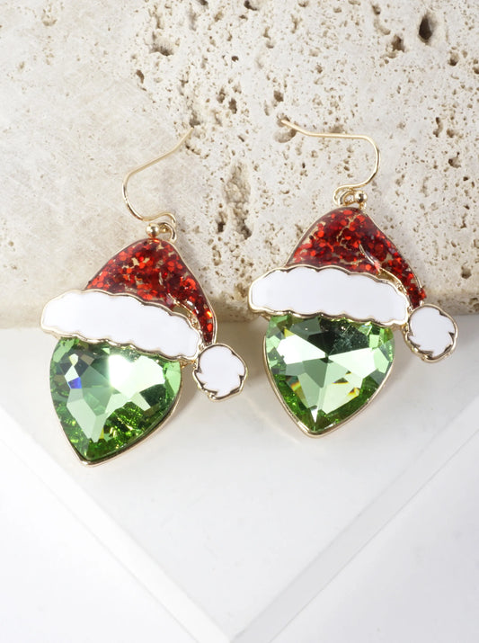 Crystal Grinch With Santa Hat Glass Drop Earrings
