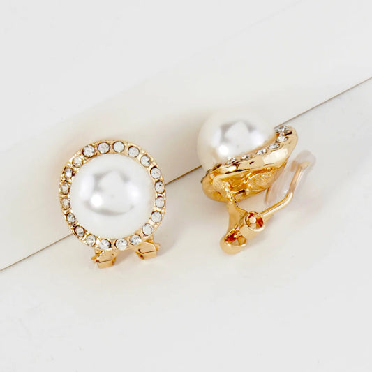 Crystal-Pave 11mm Pearl Clip-On Earrings