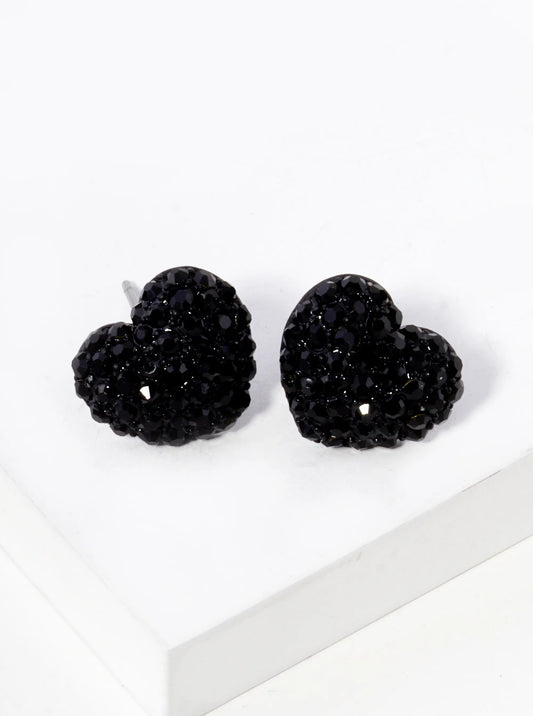 Crystal Pave 12mm Dainty Heart Stud Earrings - Jet Black