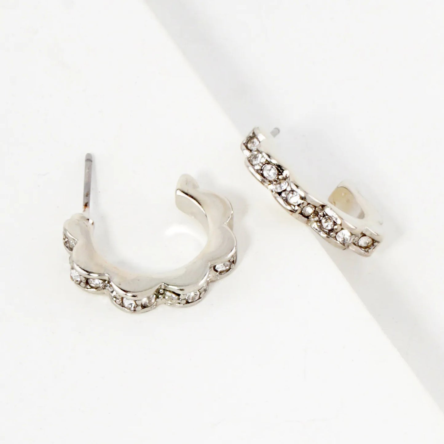 Crystal-Pave 12mm Flower Open Huggie Hoop Earrings