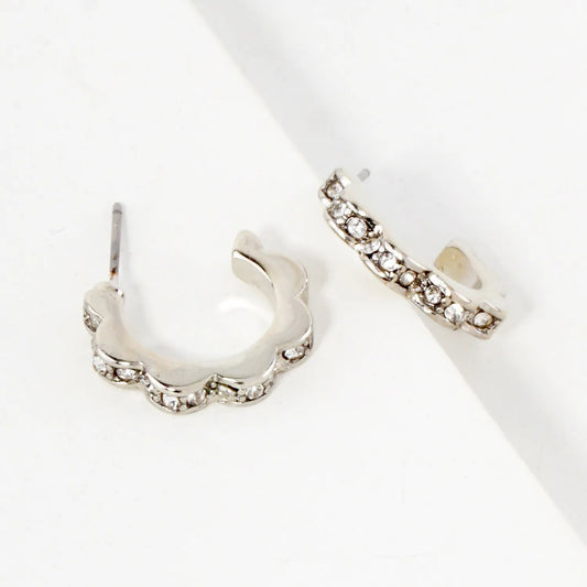 Crystal-Pave 12mm Flower Open Huggie Hoop Earrings