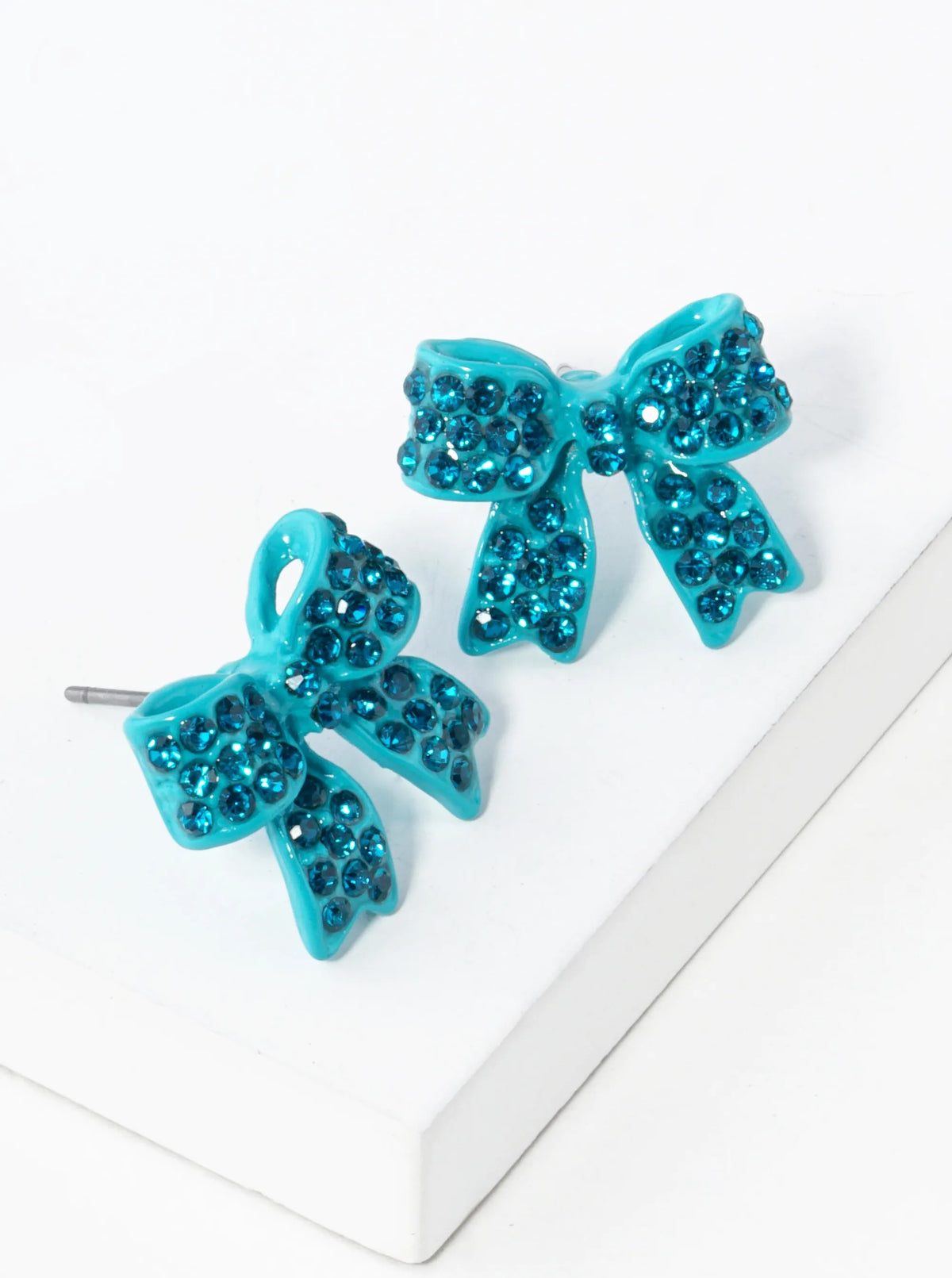 Crystal Pave 20mm Ribbon Bow Post Stud Earrings - Turquoise