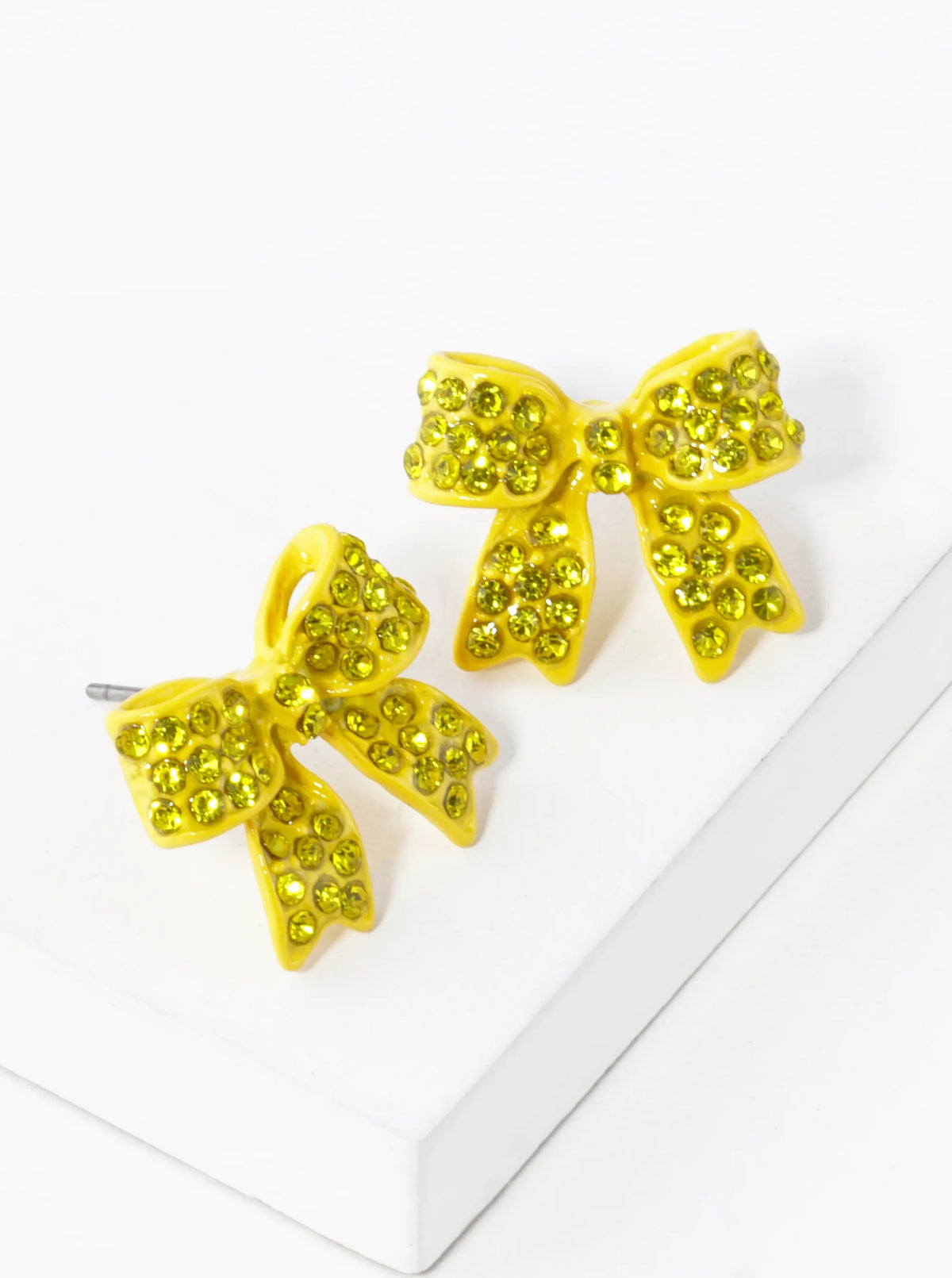 Crystal Pave 20mm Ribbon Bow Post Stud Earrings - Yellow