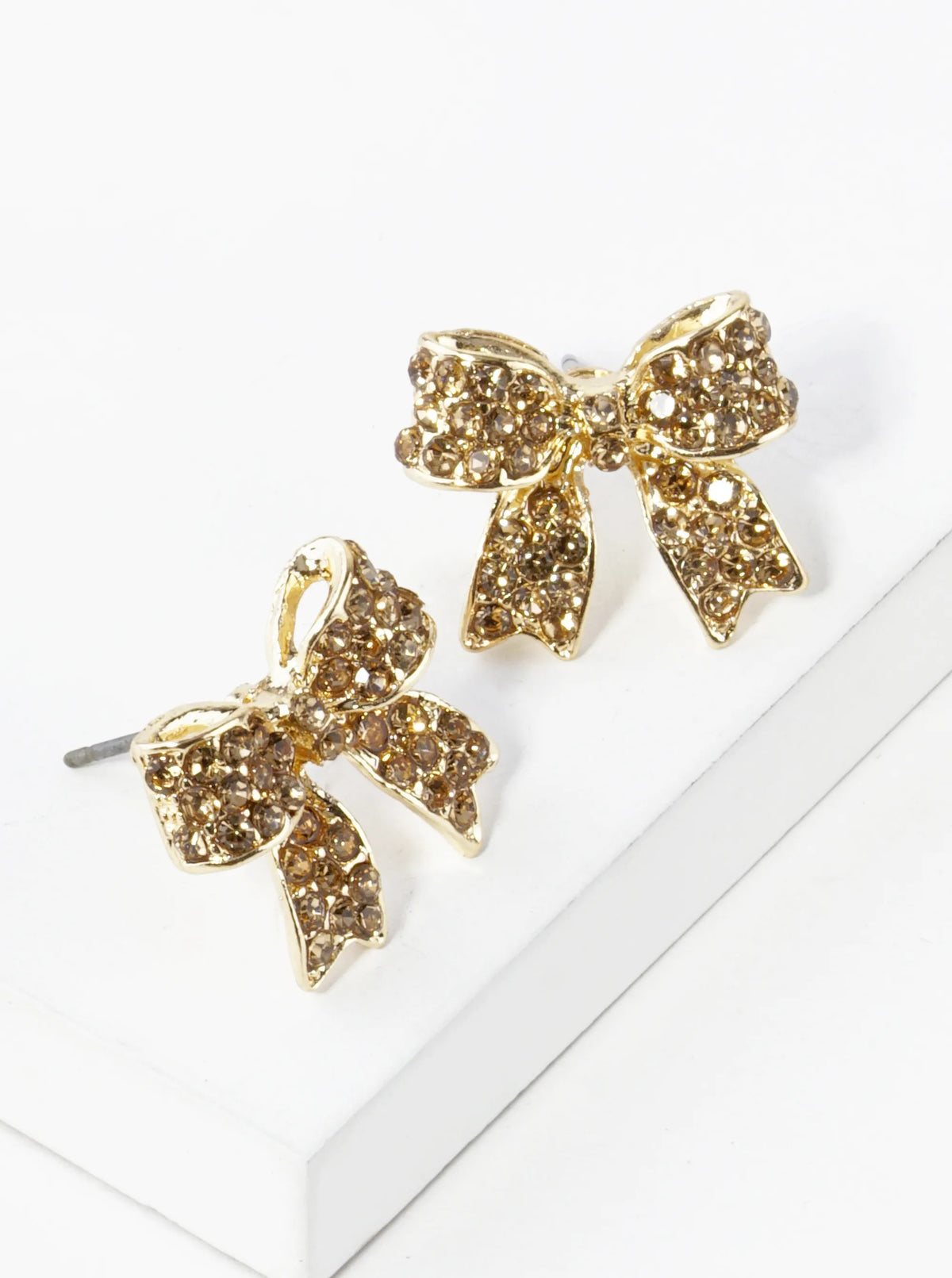 Crystal Pave 20mm Ribbon Bow Post Stud Earrings - Gold