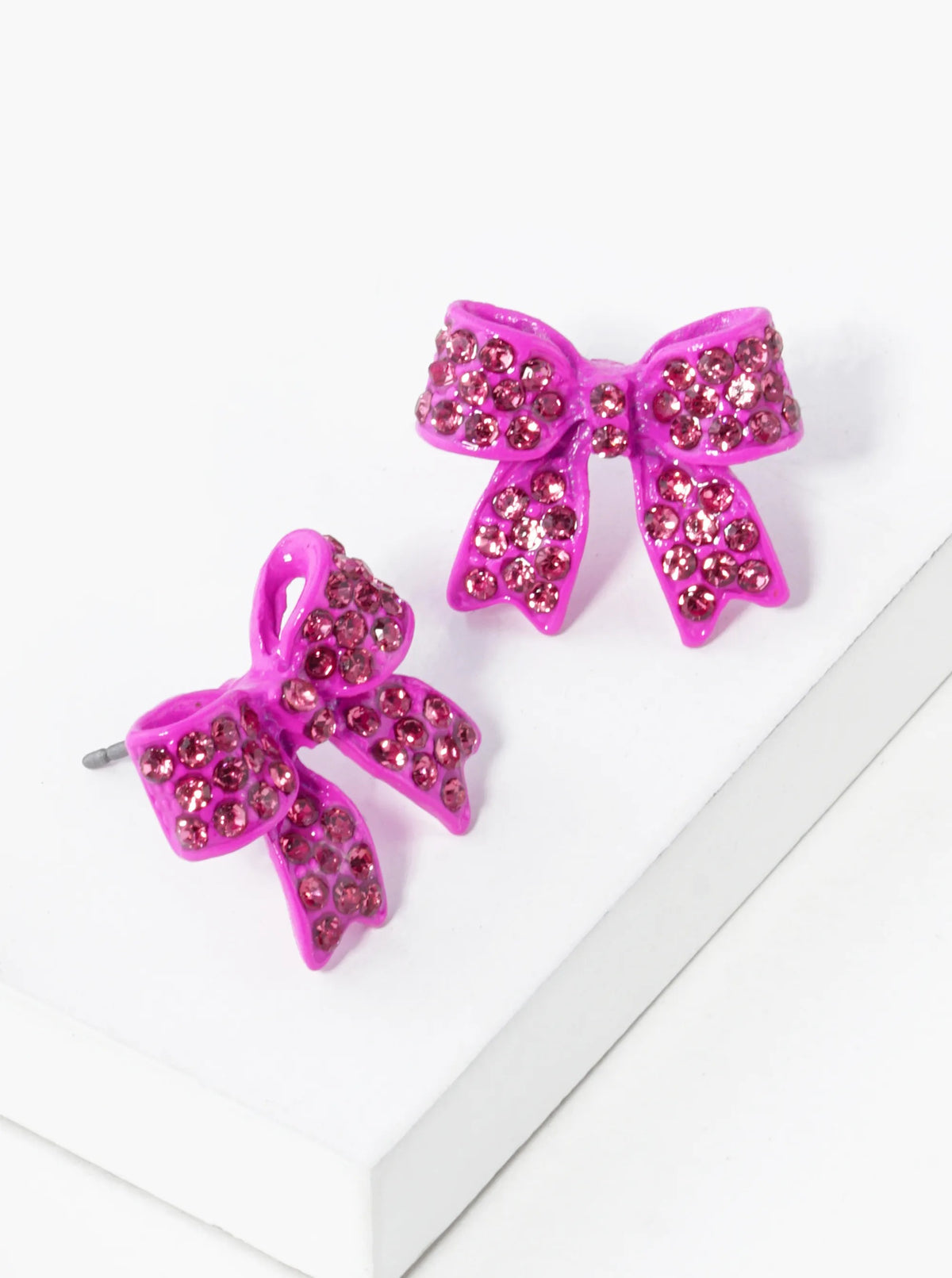 Crystal Pave 20mm Ribbon Bow Post Stud Earrings - Rose Pink