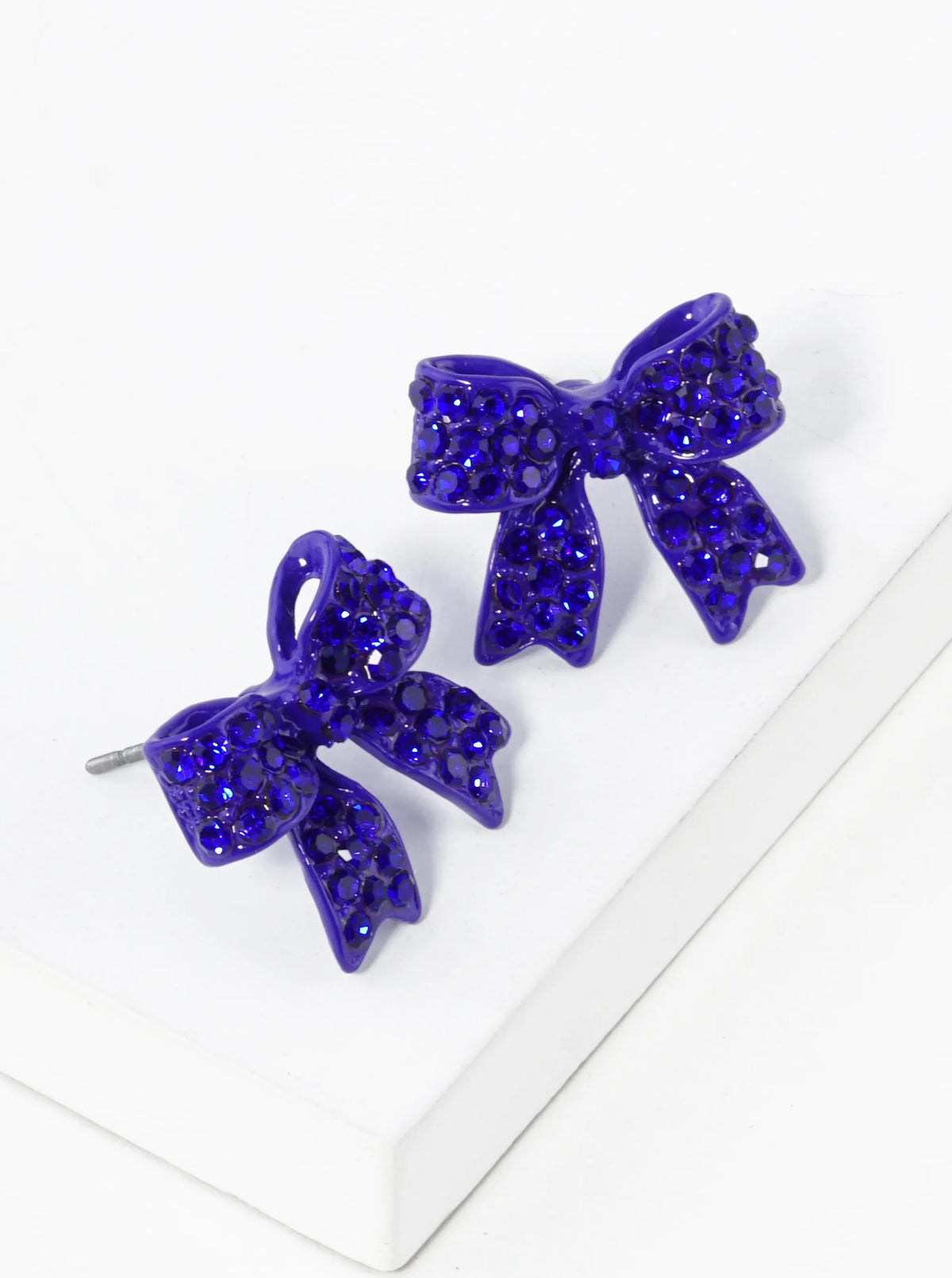 Crystal Pave 20mm Ribbon Bow Post Stud Earrings - Sapphire