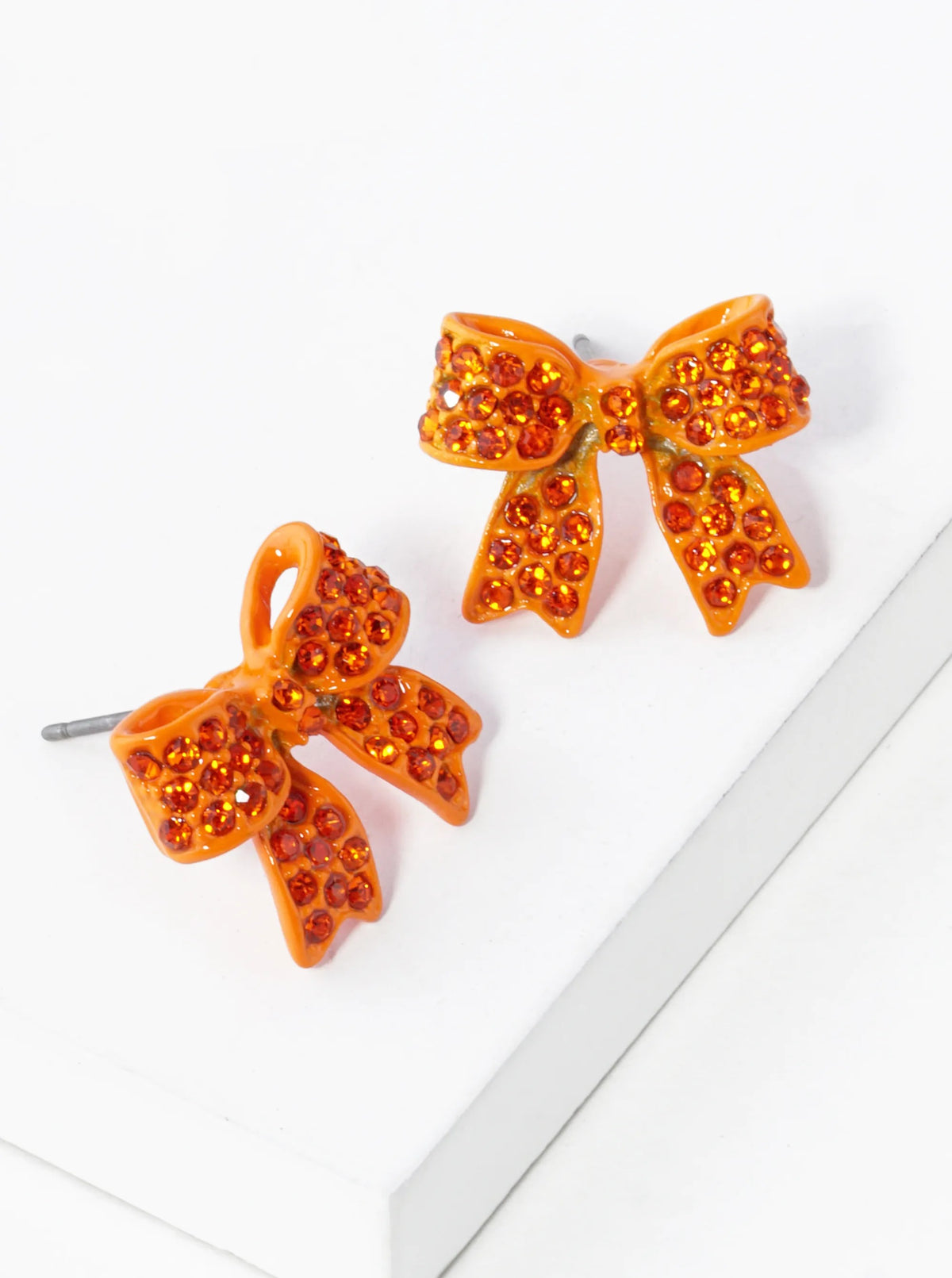 Crystal Pave 20mm Ribbon Bow Post Stud Earrings - Orange