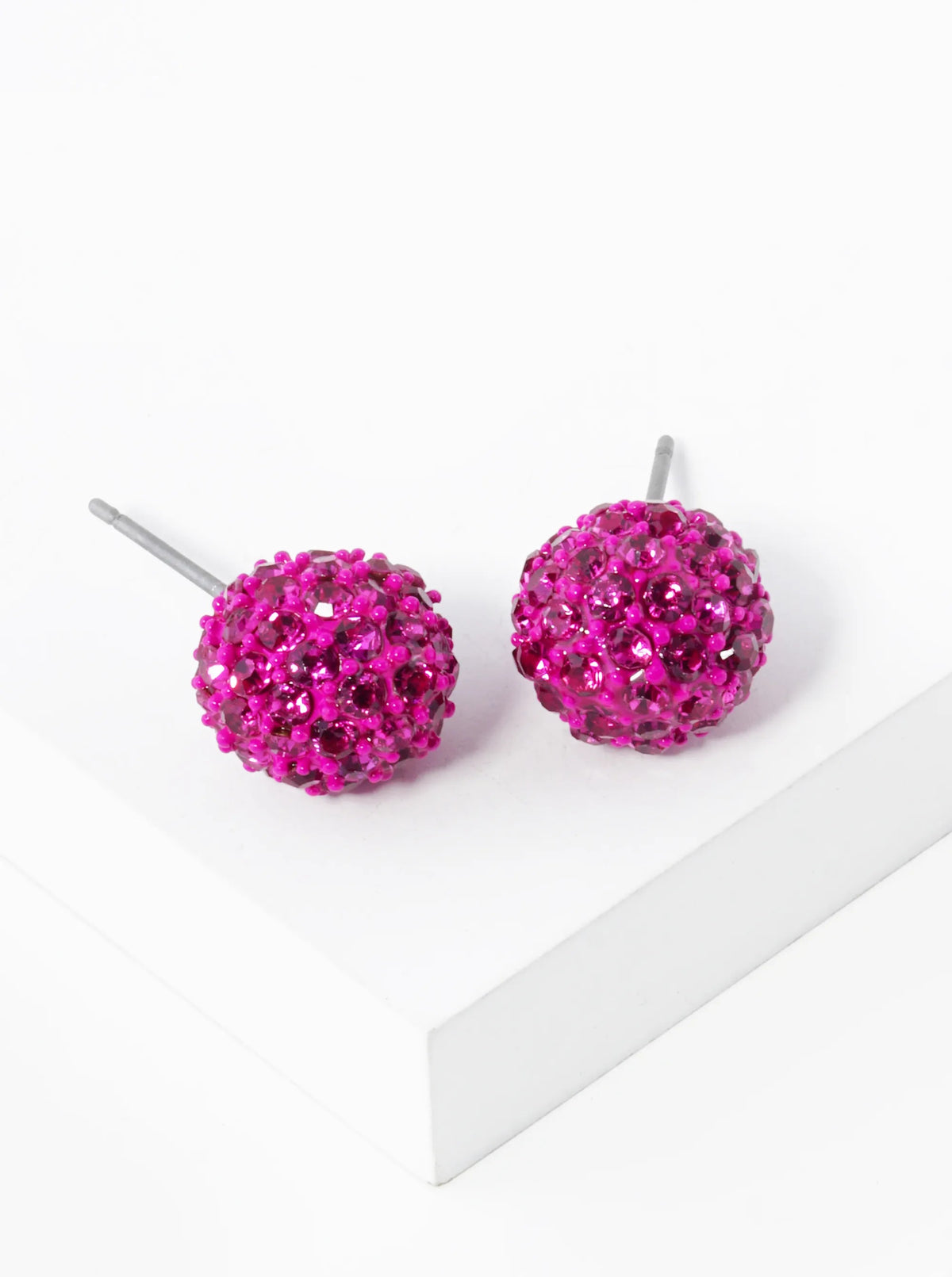 Crystal Pave 9mm Ball Stud Earrings - Fuchsia