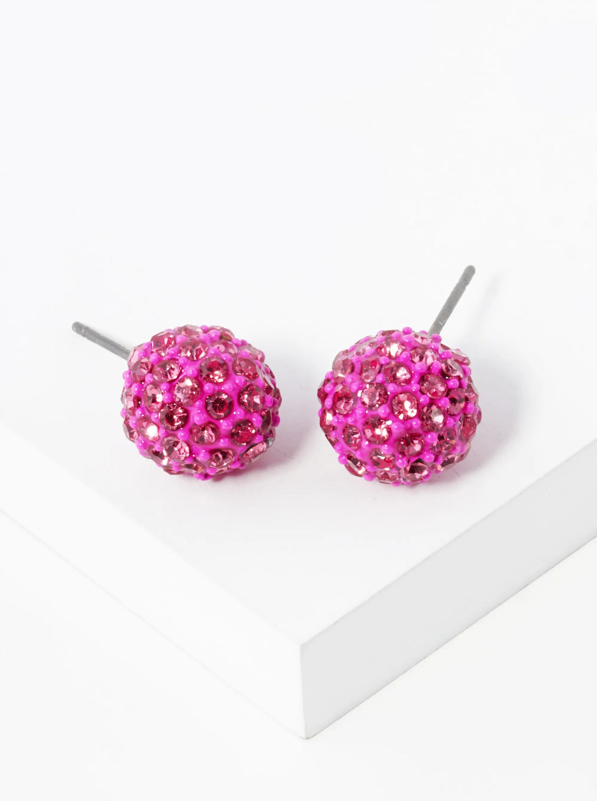 Crystal Pave 9mm Ball Stud Earrings - Rose Pink
