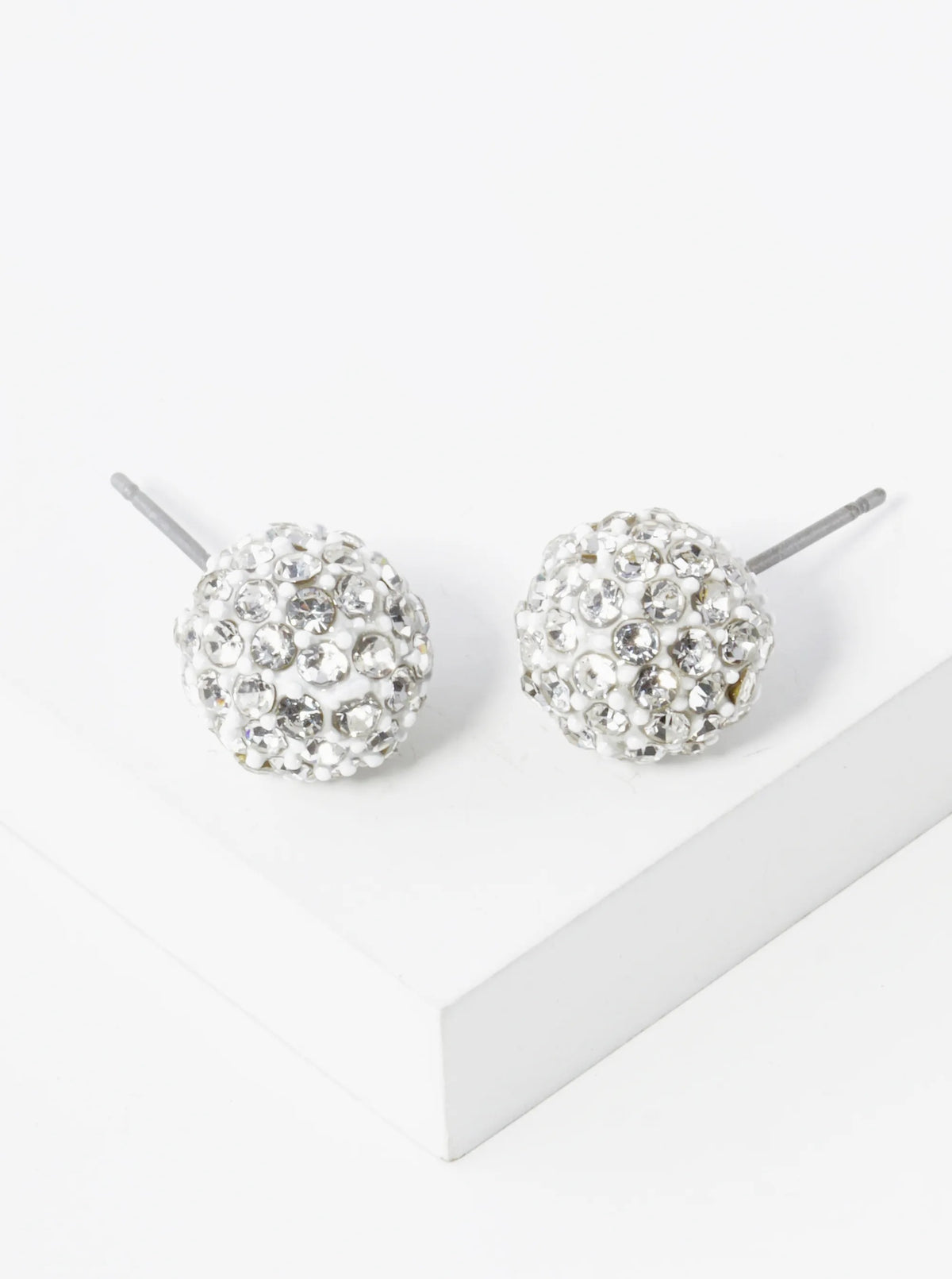 Crystal Pave 9mm Ball Stud Earrings - White-Clear