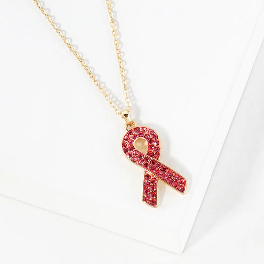 Crystal-Pave Breast Cancer Awareness Pink-Ribbon Pendant Necklace