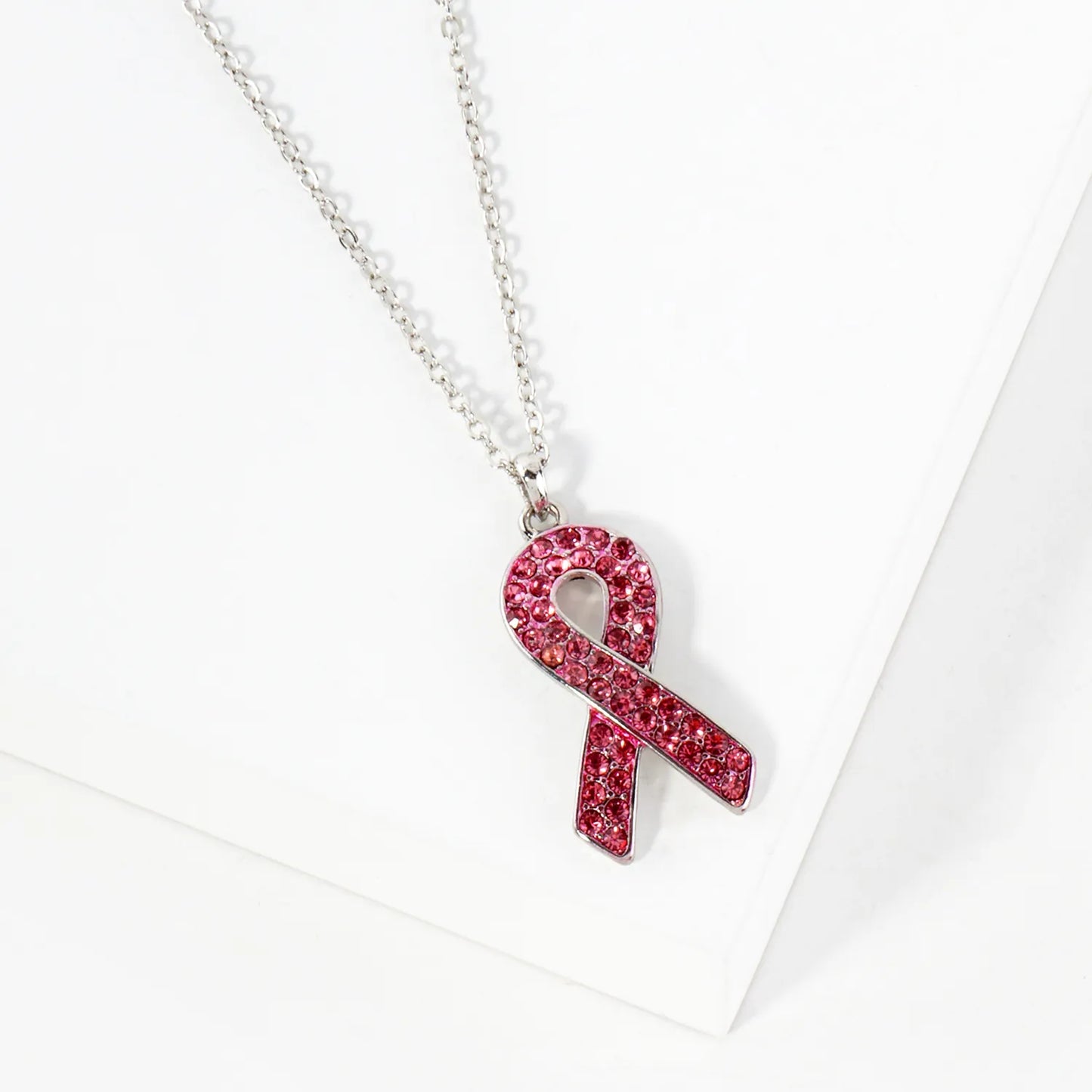 Crystal-Pave Breast Cancer Awareness Pink-Ribbon Pendant Necklace