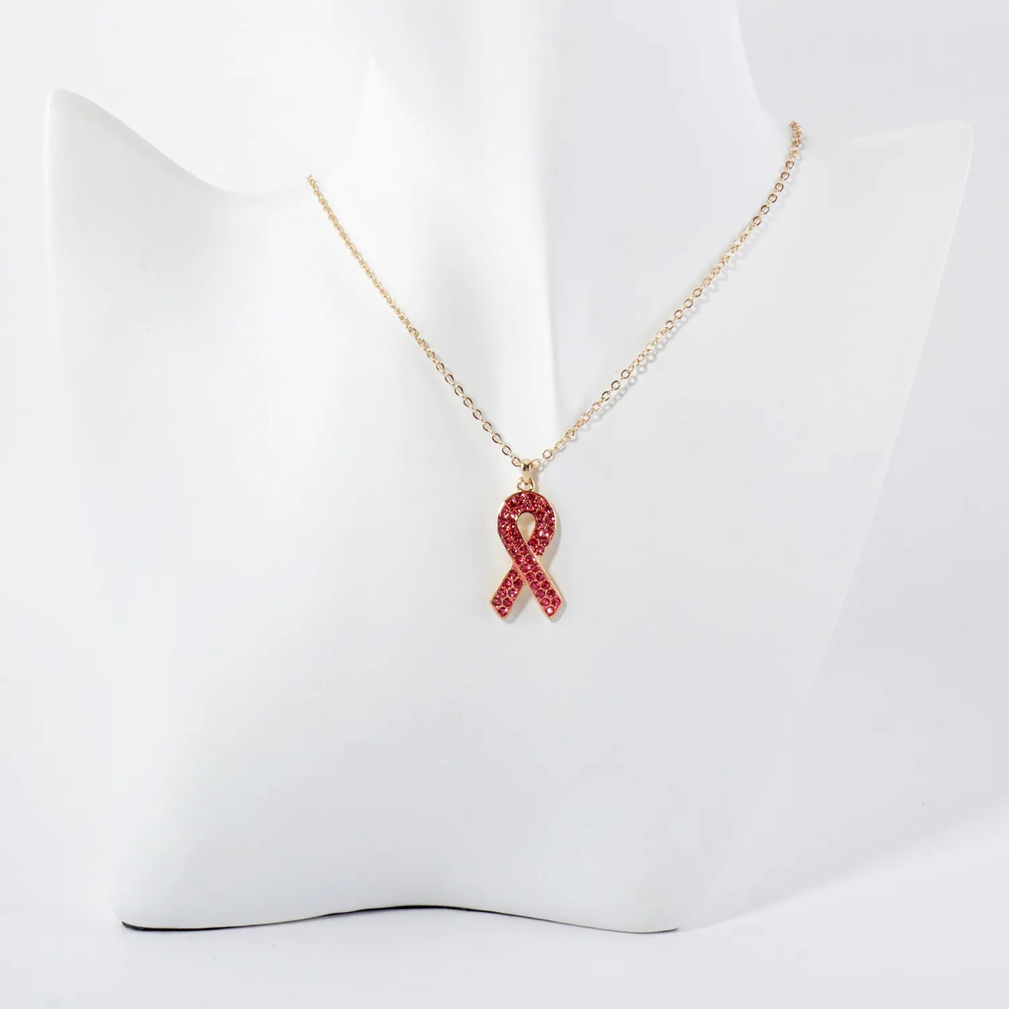 Crystal-Pave Breast Cancer Awareness Pink-Ribbon Pendant Necklace