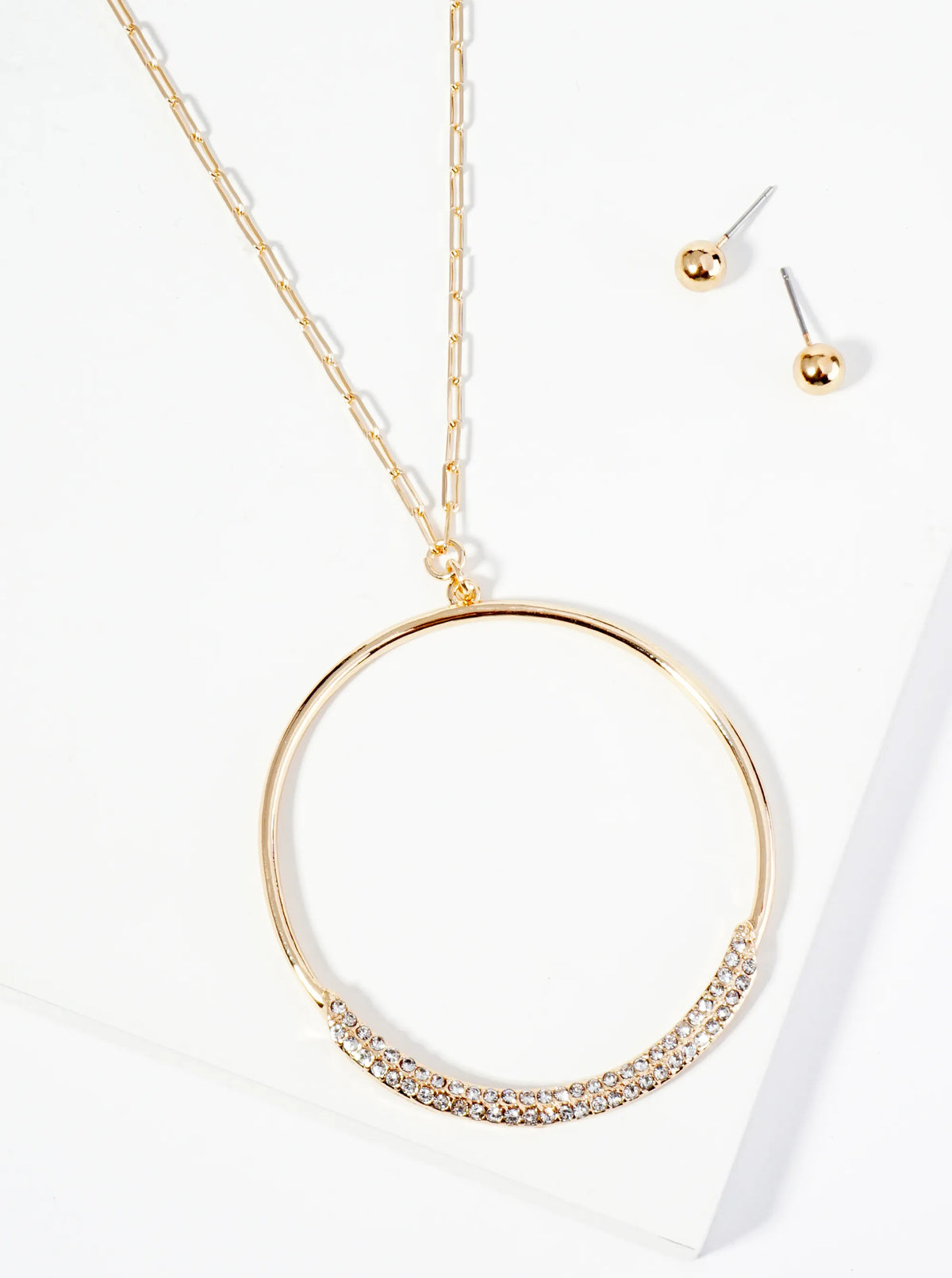 Crystal Pave Circle Pendant 30 Inch Long Necklace