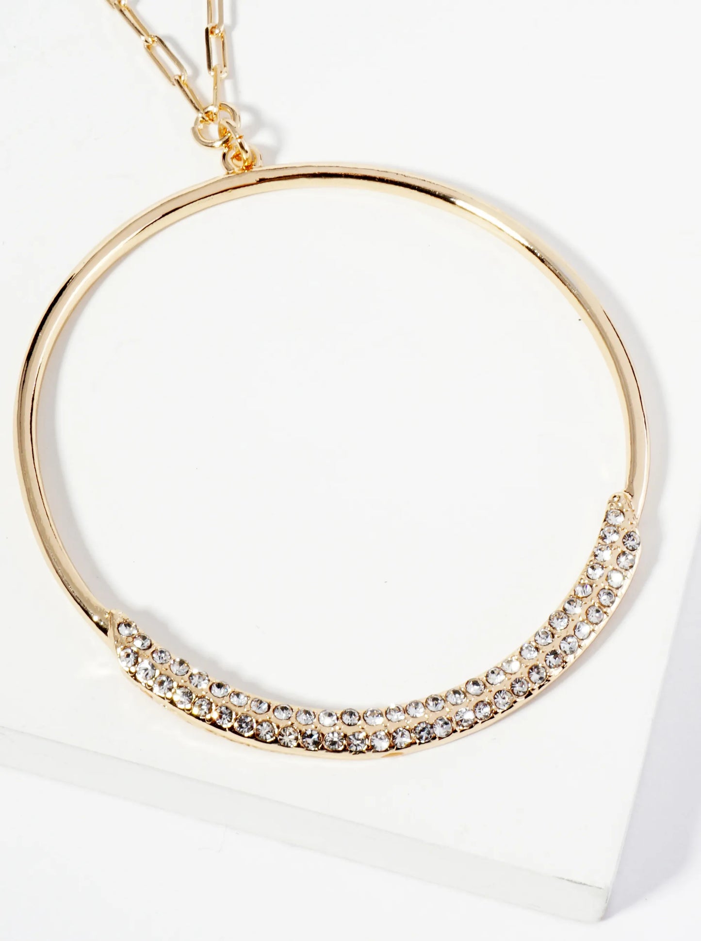 Crystal Pave Circle Pendant 30 Inch Long Necklace