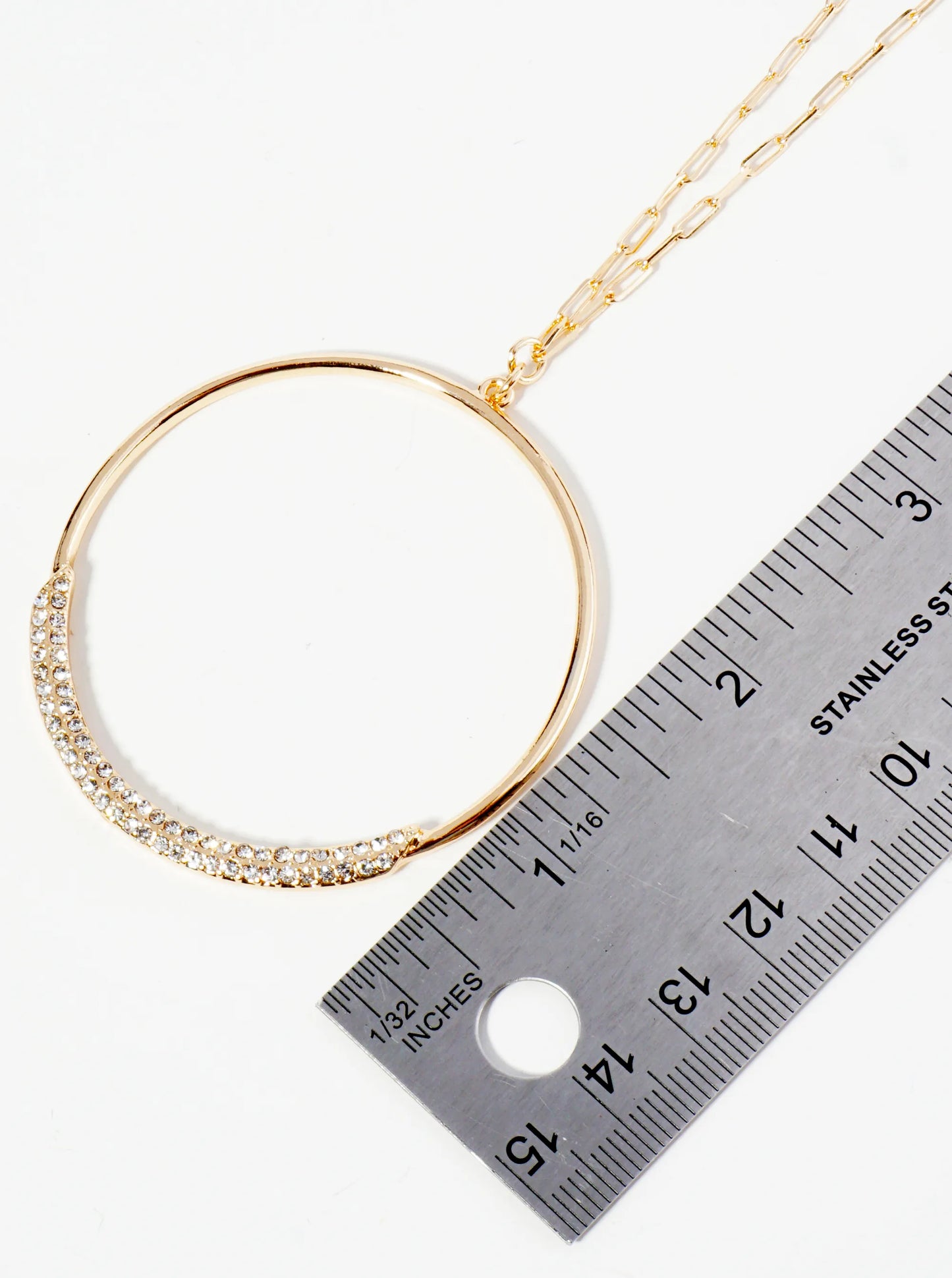 Crystal Pave Circle Pendant 30 Inch Long Necklace