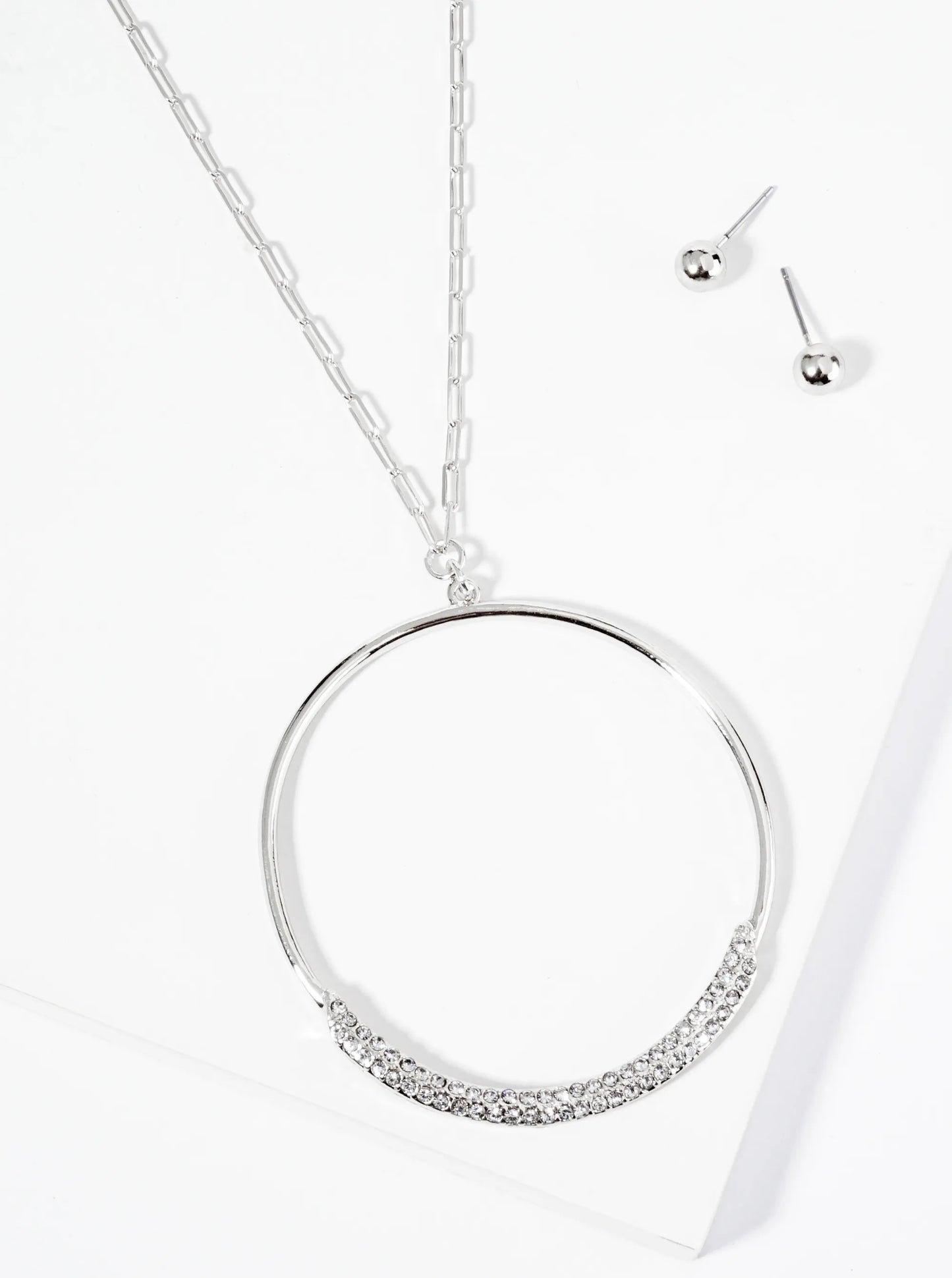 Crystal Pave Circle Pendant 30 Inch Long Necklace
