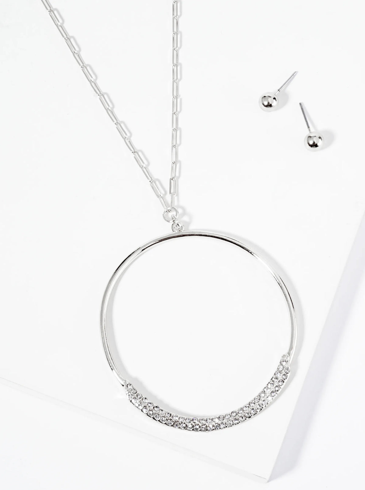Crystal Pave Circle Pendant 30 Inch Long Necklace