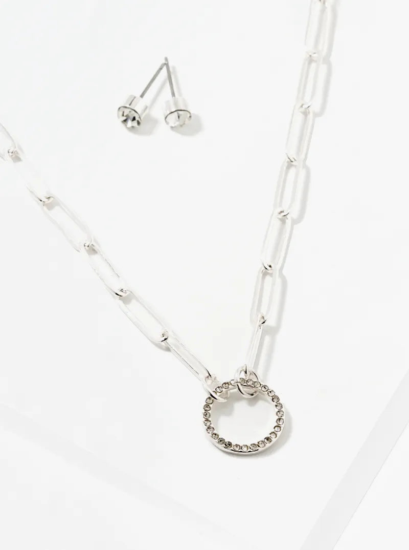 Crystal Pave Circle Pendant Necklace Set With Earrings