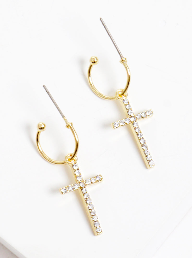 Crystal Pave Cross Dangle Drop 10mm Huggie Hoop Earrings