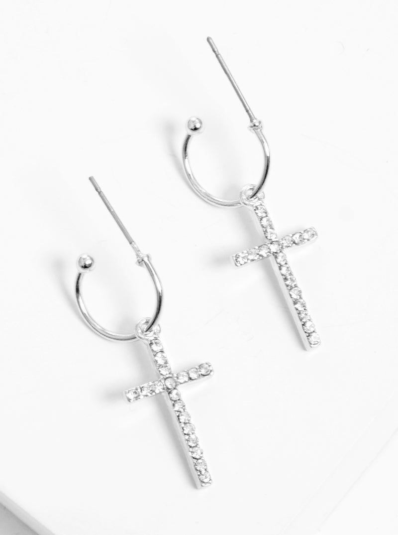 Crystal Pave Cross Dangle Drop 10mm Huggie Hoop Earrings