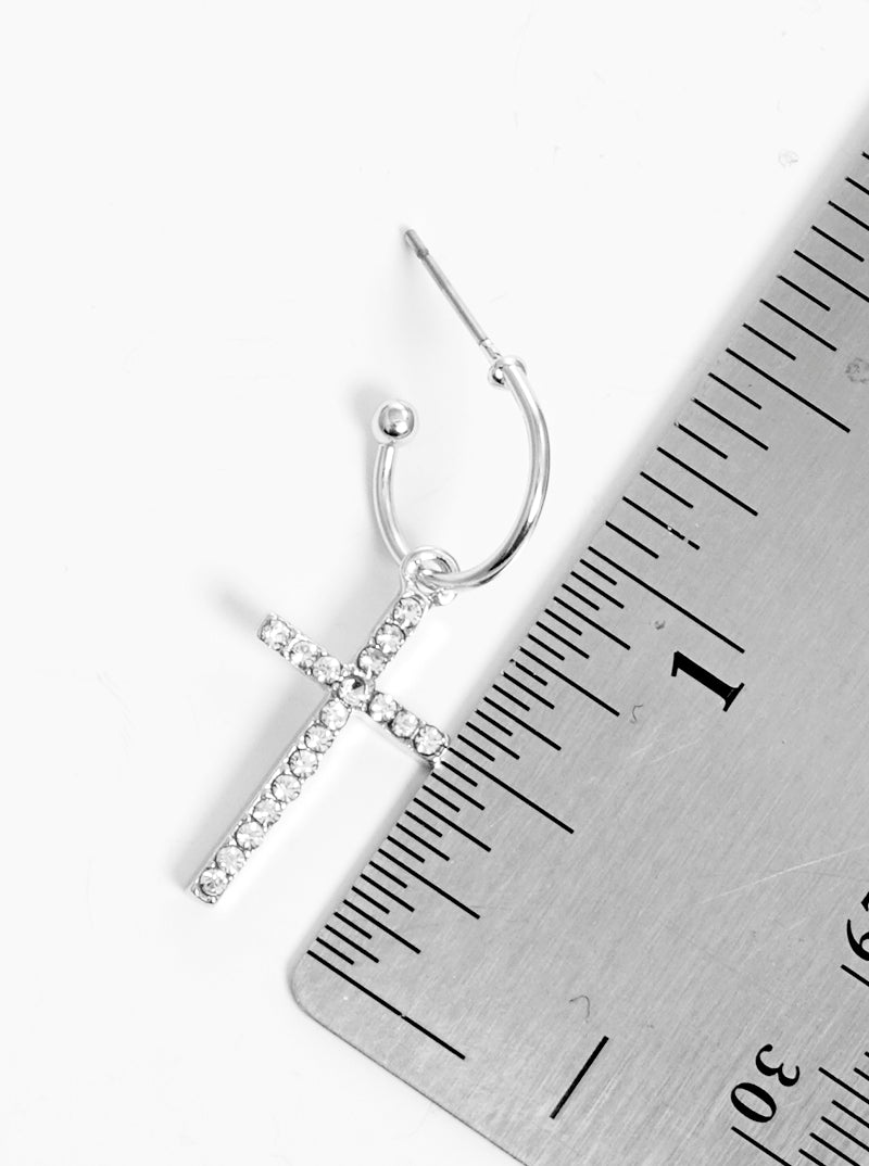 Crystal Pave Cross Dangle Drop 10mm Huggie Hoop Earrings
