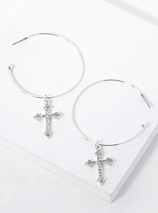Crystal Pave Cross Drop 40mm Open Hoop Earrings