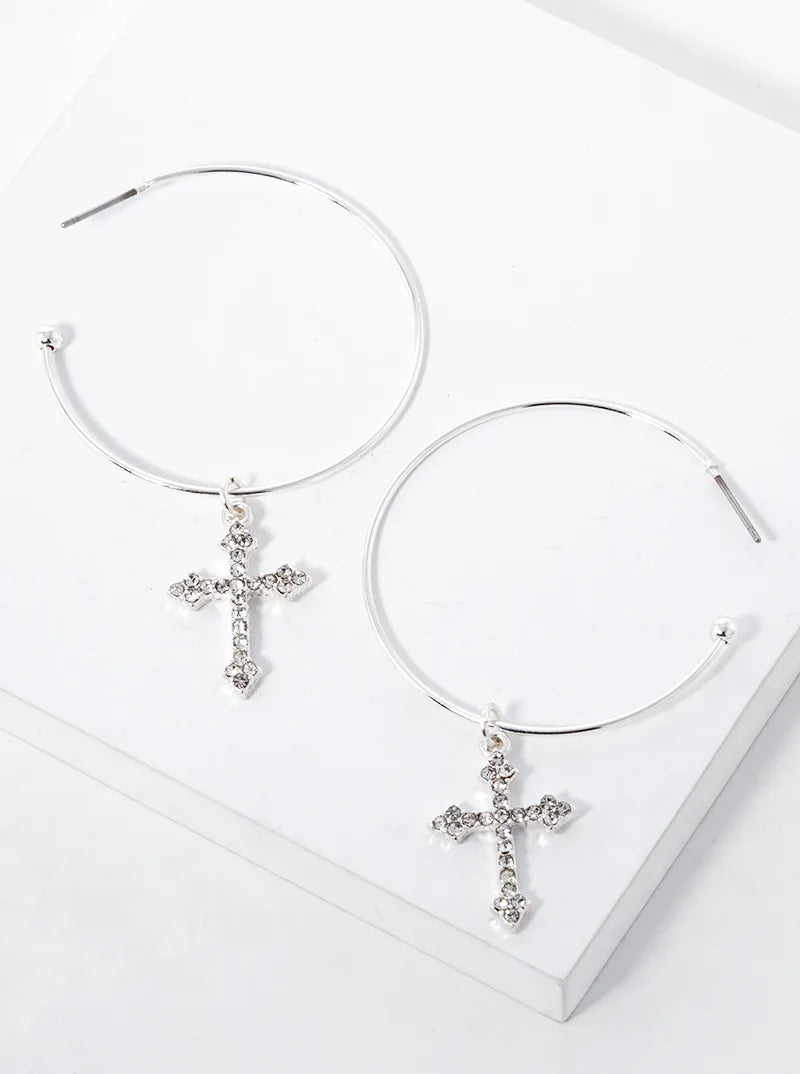 Crystal Pave Cross Drop 40mm Open Hoop Earrings