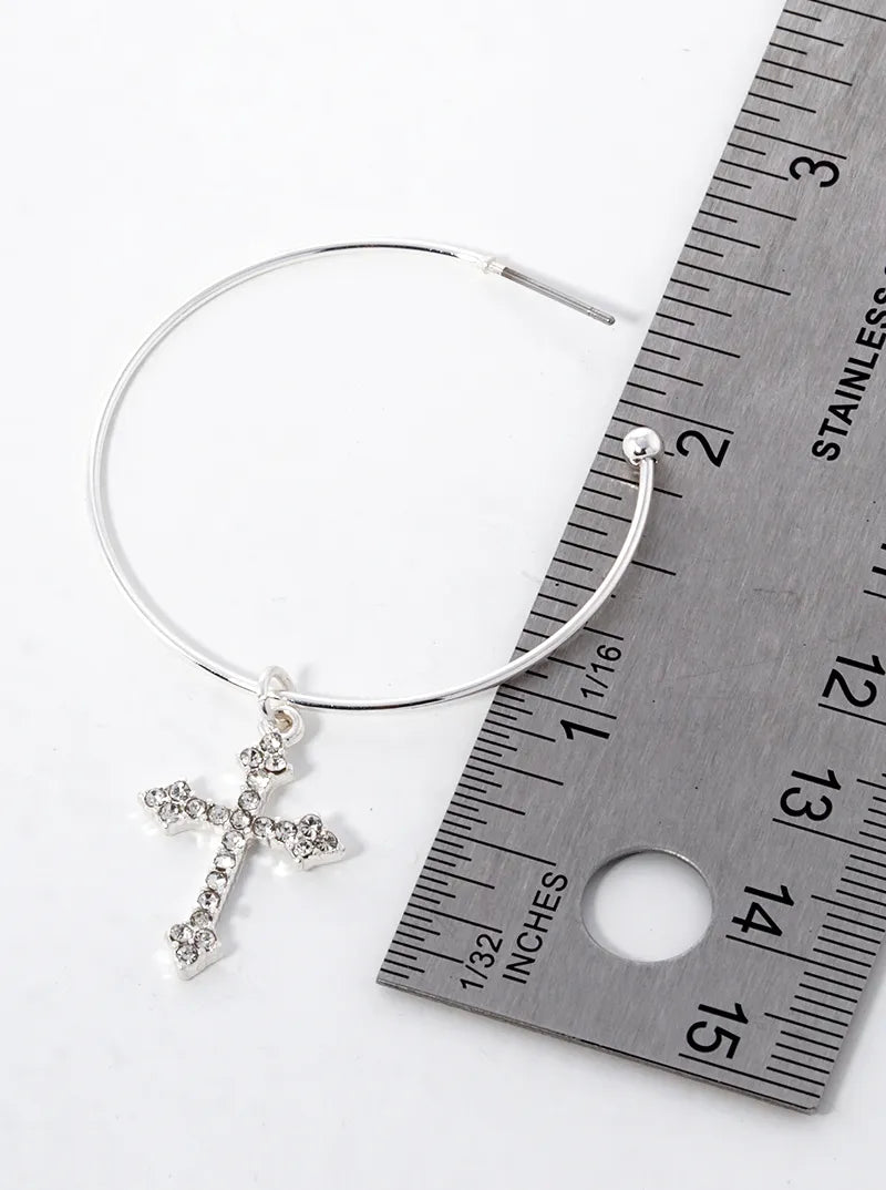 Crystal Pave Cross Drop 40mm Open Hoop Earrings