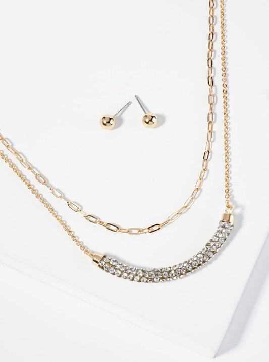 Crystal Pave Curved Bar Pendant Layered Necklace Set With Earrings
