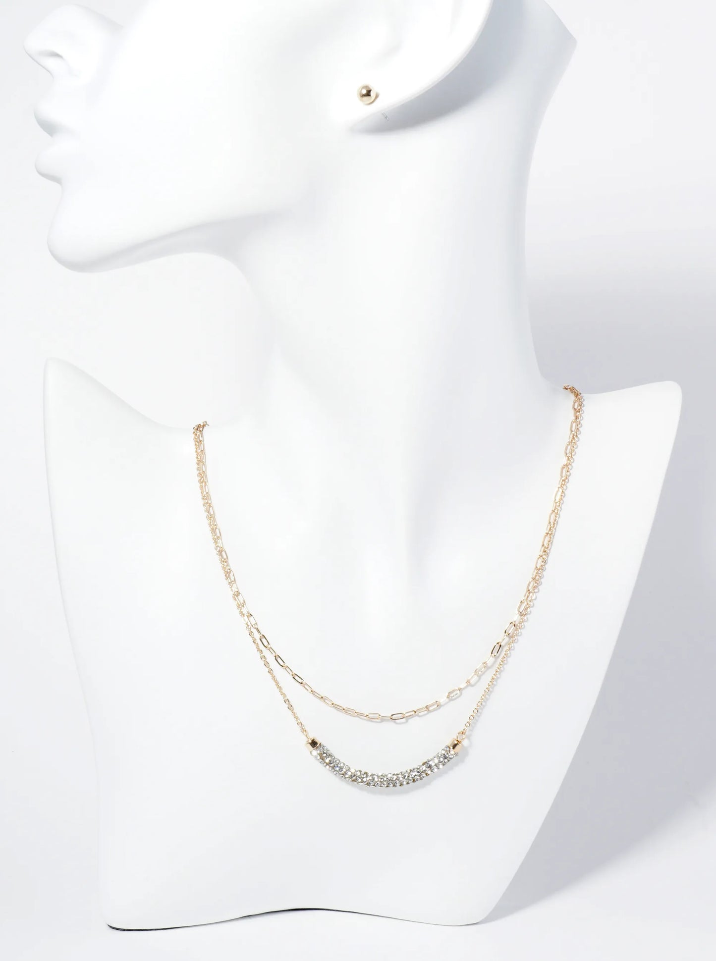 Crystal Pave Curved Bar Pendant Layered Necklace Set With Earrings