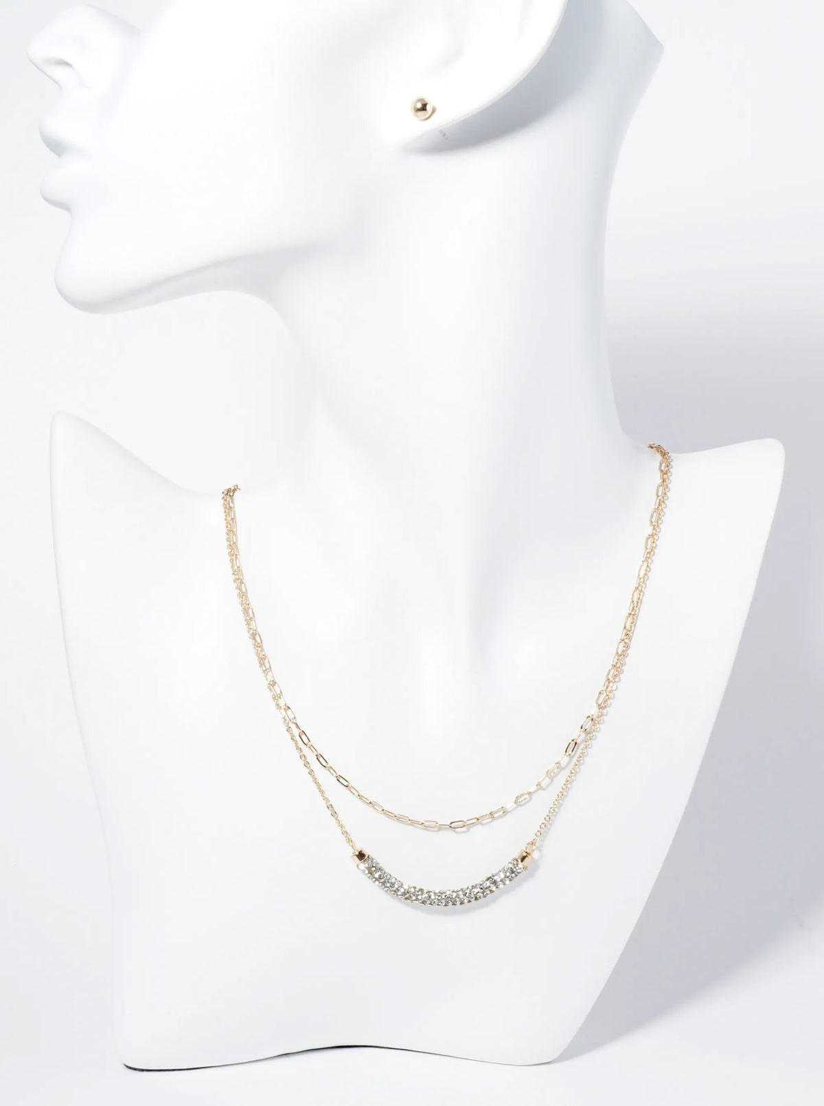 Crystal Pave Curved Bar Pendant Layered Necklace Set With Earrings