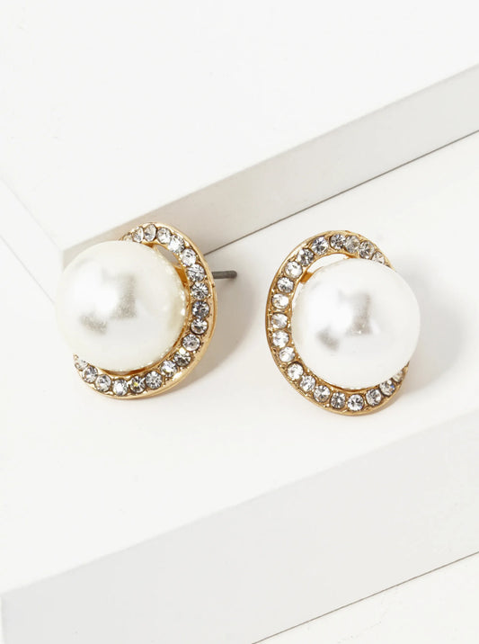 Crystal Pave Curved Oval With12mm Pearl Stud Earrings