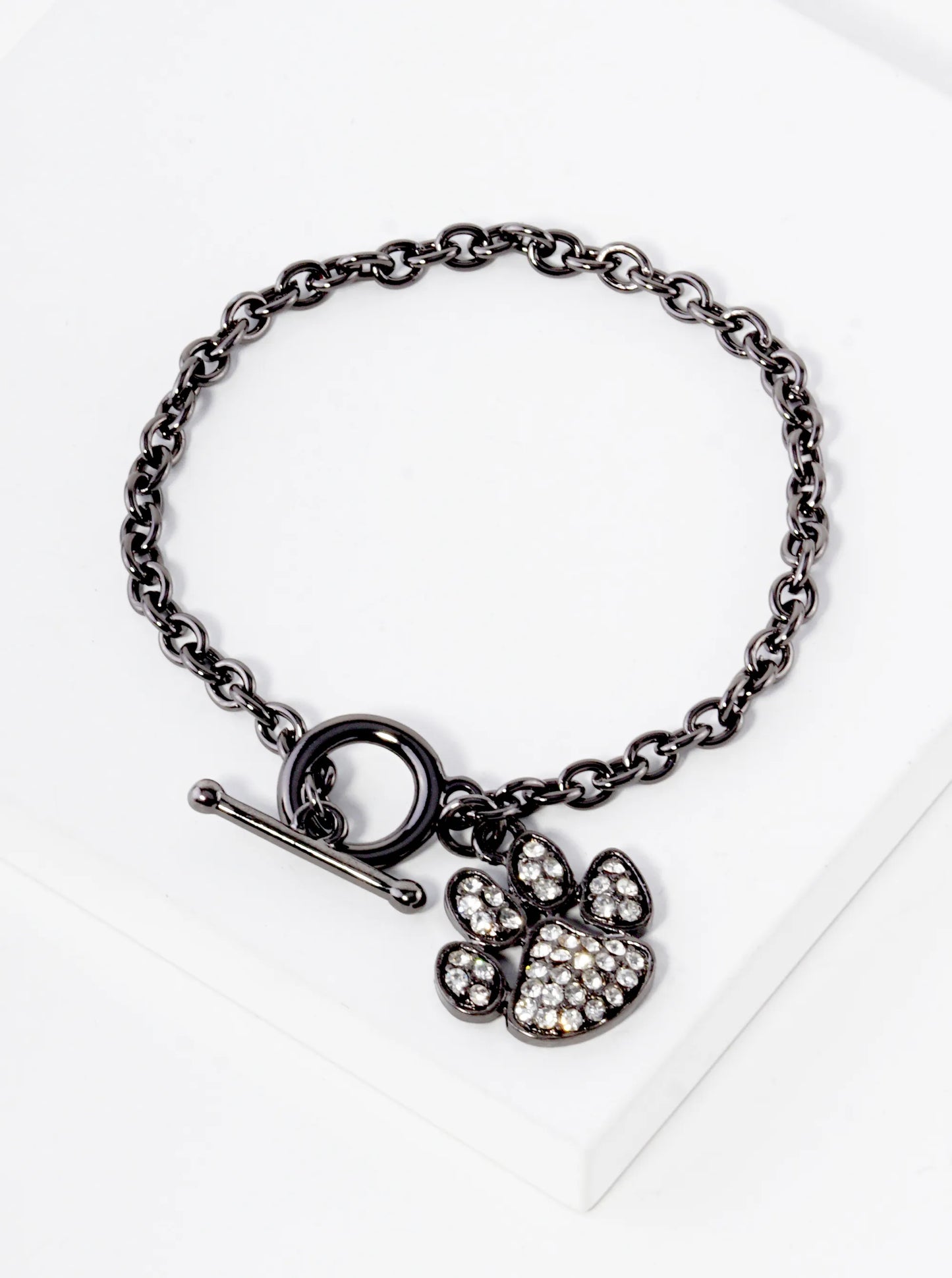 Crystal Pave Dog Paw Game Day Mascot Charm Toggle Closure Chain Bracelet