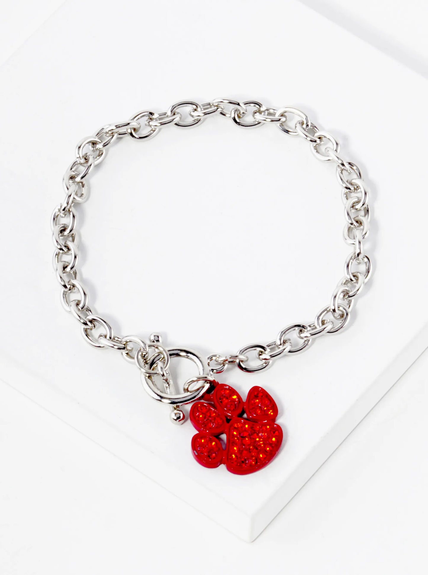 Crystal Pave Dog Paw Game Day Mascot Charm Toggle Closure Chain Bracelet